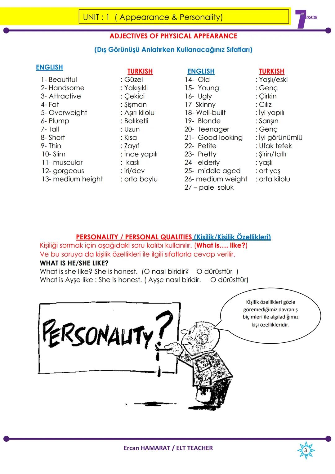 Functions
UNIT 1 (Appearance & Personality)
Appearance & Personality
Describing characters/people
Giving explanation / reasons
Making simple