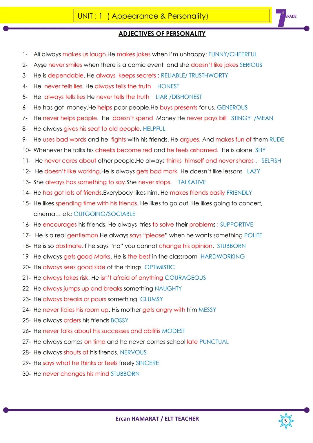 Functions
UNIT 1 (Appearance & Personality)
Appearance & Personality
Describing characters/people
Giving explanation / reasons
Making simple