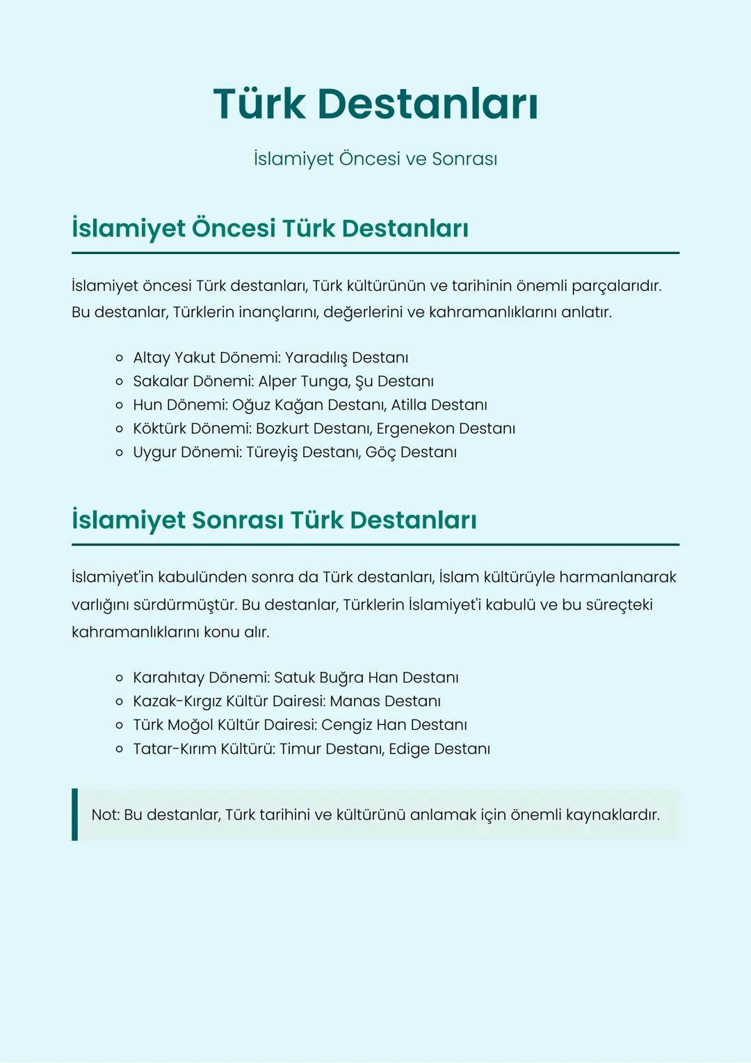 # Türk Destanları
İslamiyet Öncesi ve Sonrası
## İslamiyet Öncesi Türk Destanları
İslamiyet öncesi Türk destanları, Türk kültürünün ve ta