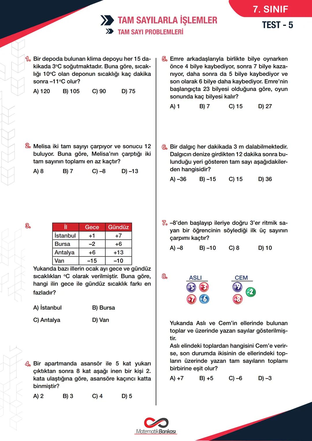 >> TAM SAYILARLA İŞLEMLER
>> TAM SAYI PROBLEMLERİ
7. SINIF
TEST - 5
1. Bir depoda bulunan klima depoyu her 15 da-
kikada 3°C soğutmaktadır