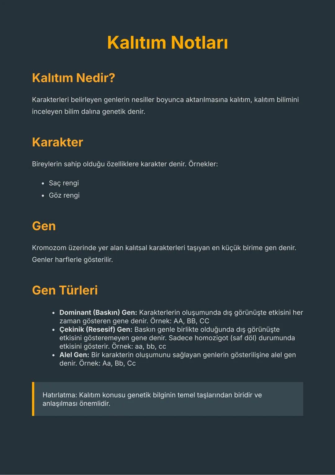 # Kalıtım Notları
## Kalıtım Nedir?
Karakterleri belirleyen genlerin nesiller boyunca aktarılmasına kalıtım, kalıtım bilimini
inceleyen bi