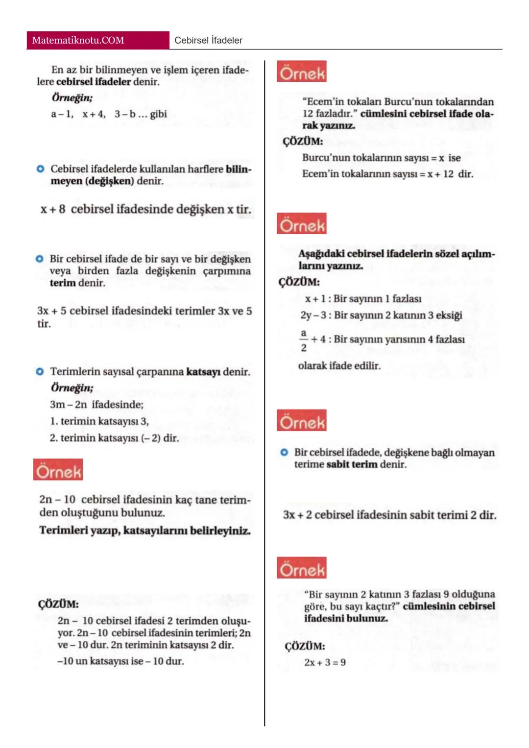 Matematiknotu.COM
Cebirsel İfadeler
En az bir bilinmeyen ve işlem içeren ifade-
lere cebirsel ifadeler denir.
Örneğin;
a-1, x+4, 3-b... gibi