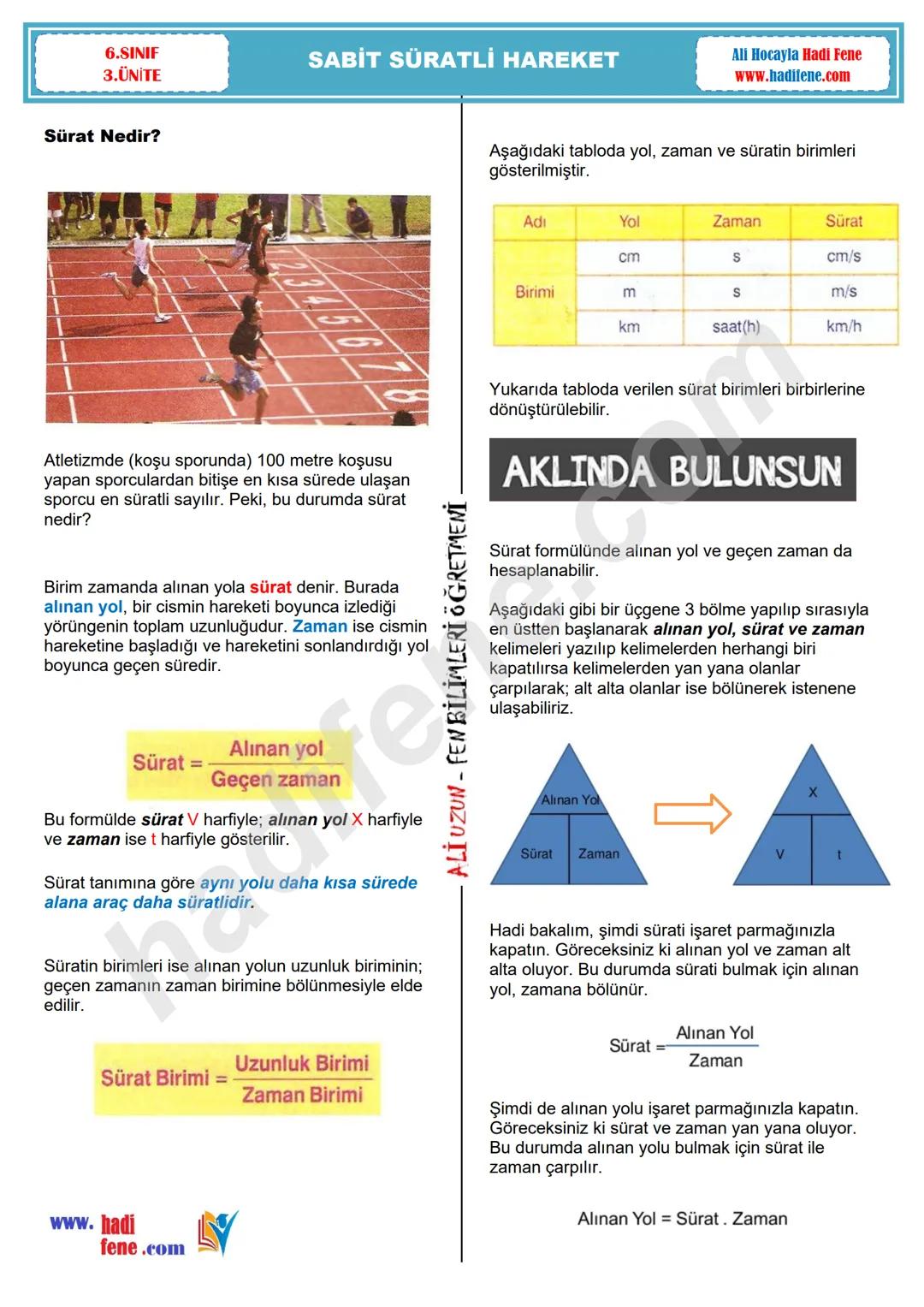 6.SINIF
3.ÜNİTE
SABİT SÜRATLİ HAREKET
All Hocayla Hadi Fene
www.hadifene.com
Sürat Nedir?
Atletizmde (koşu sporunda) 100 metre koşusu
yapa