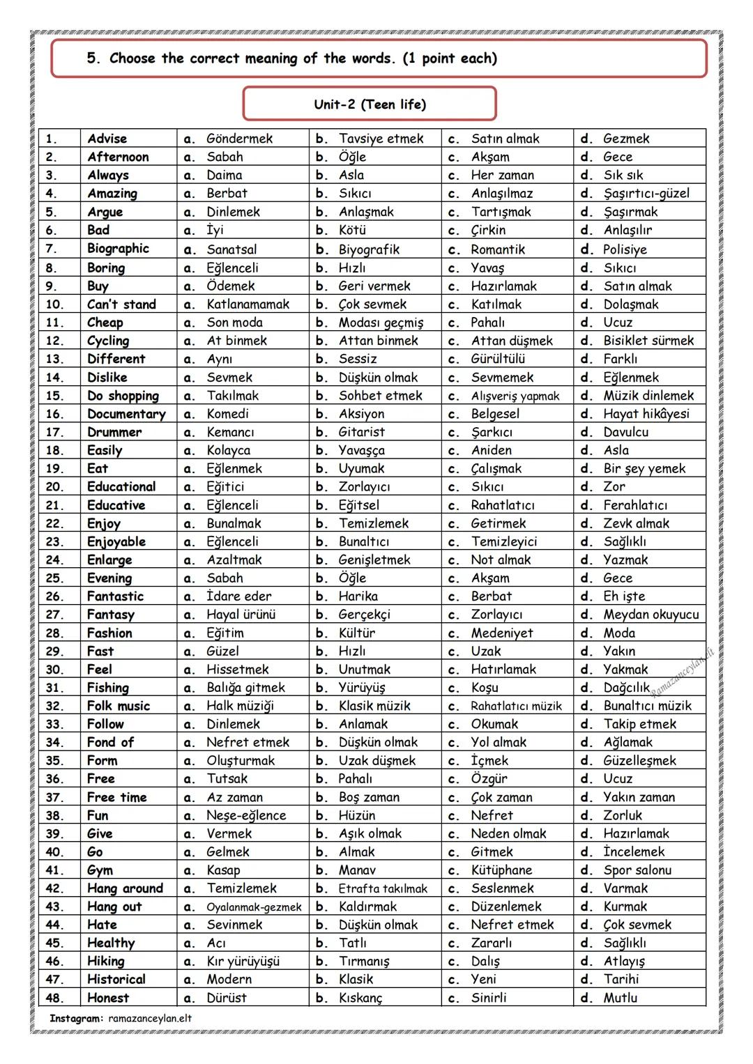 1.
Accept
a. Almak
2.
Advice
a. İtiraz
3.
Alone
a. Tek başına
4.
Always
5.
Apologize a. Ücret
b. Bilet
6.
Ask
a. Anlatmak
7.
Attend
a. Almak