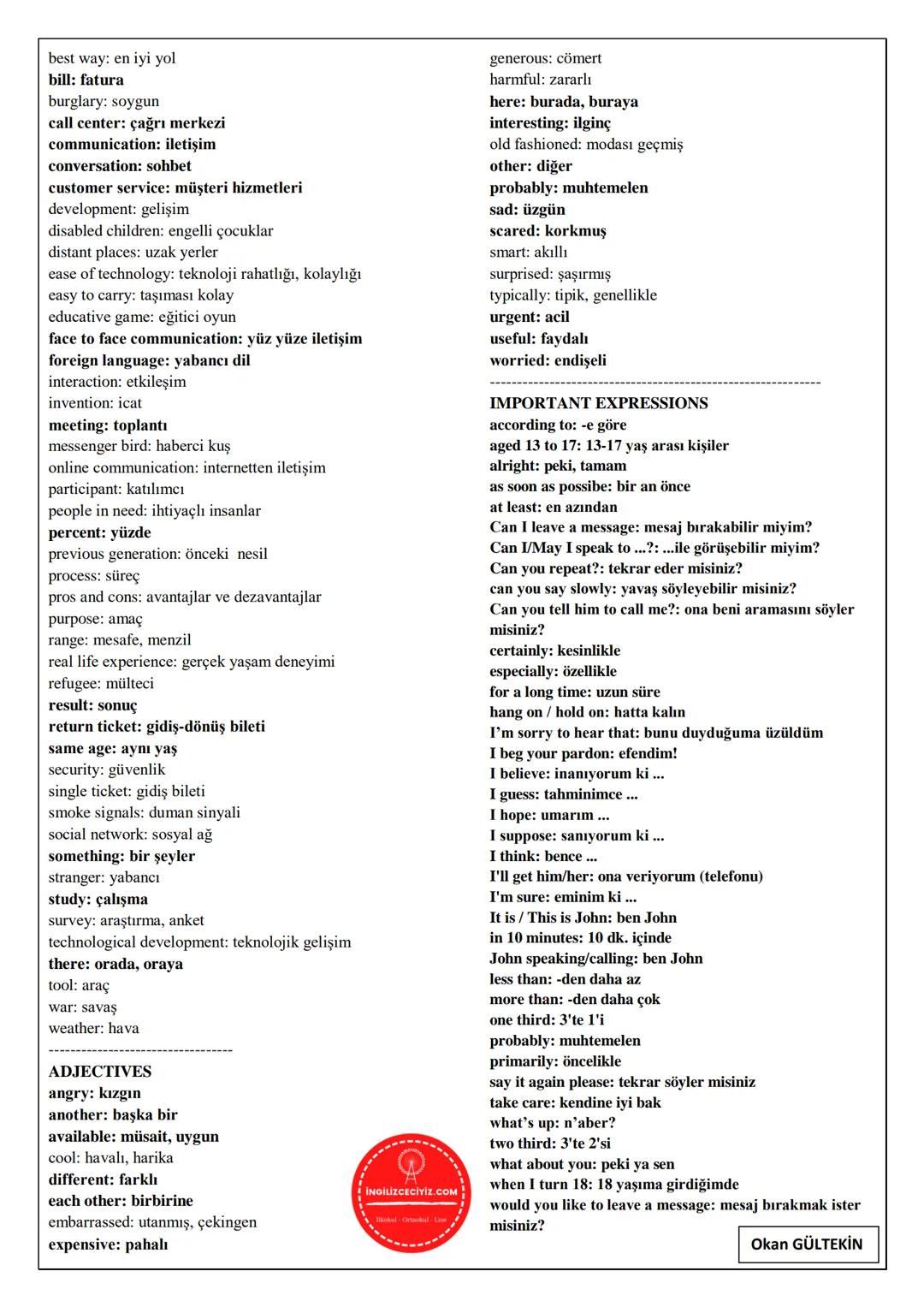 # 8TH GRADE-UNIT 4-ON THE PHONE
VERBS
answer the questions: soruları cevaplamak
arrive: varmak
ask for a service: hizmet istemek
be there: o