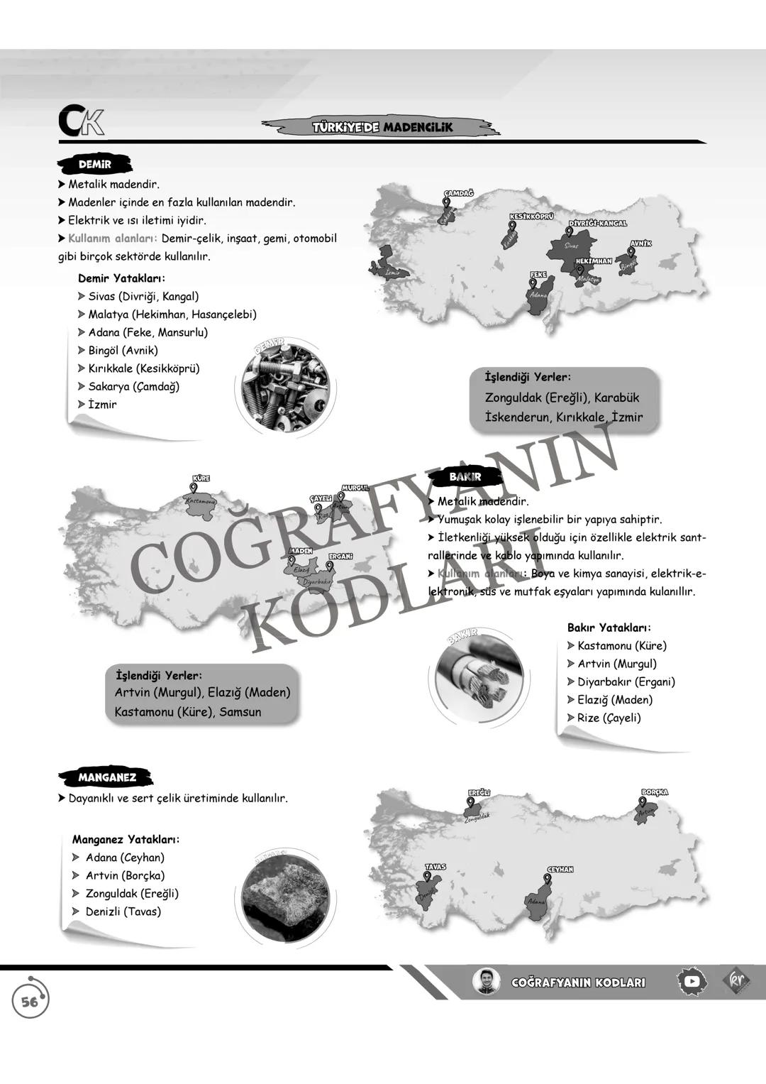 56
TURKIYE'DE MADENCILIK
CK
DEMİR
➤ Metalik madendir.
➤ Madenler içinde en fazla kullanılan madendir.
Elektrik ve Isı iletimi iyidir.
Kullan