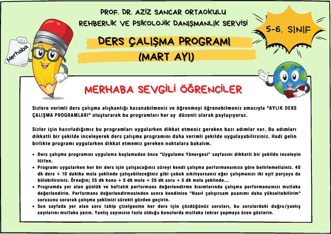6. Sınıf İçin Başarılı Ders Çalışma Programı