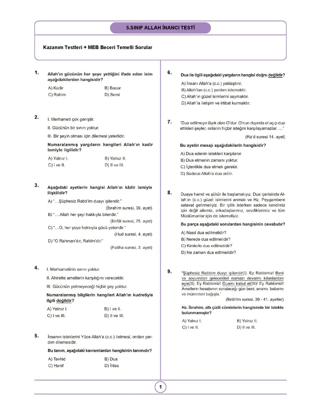 5.sınıf din kültürü test