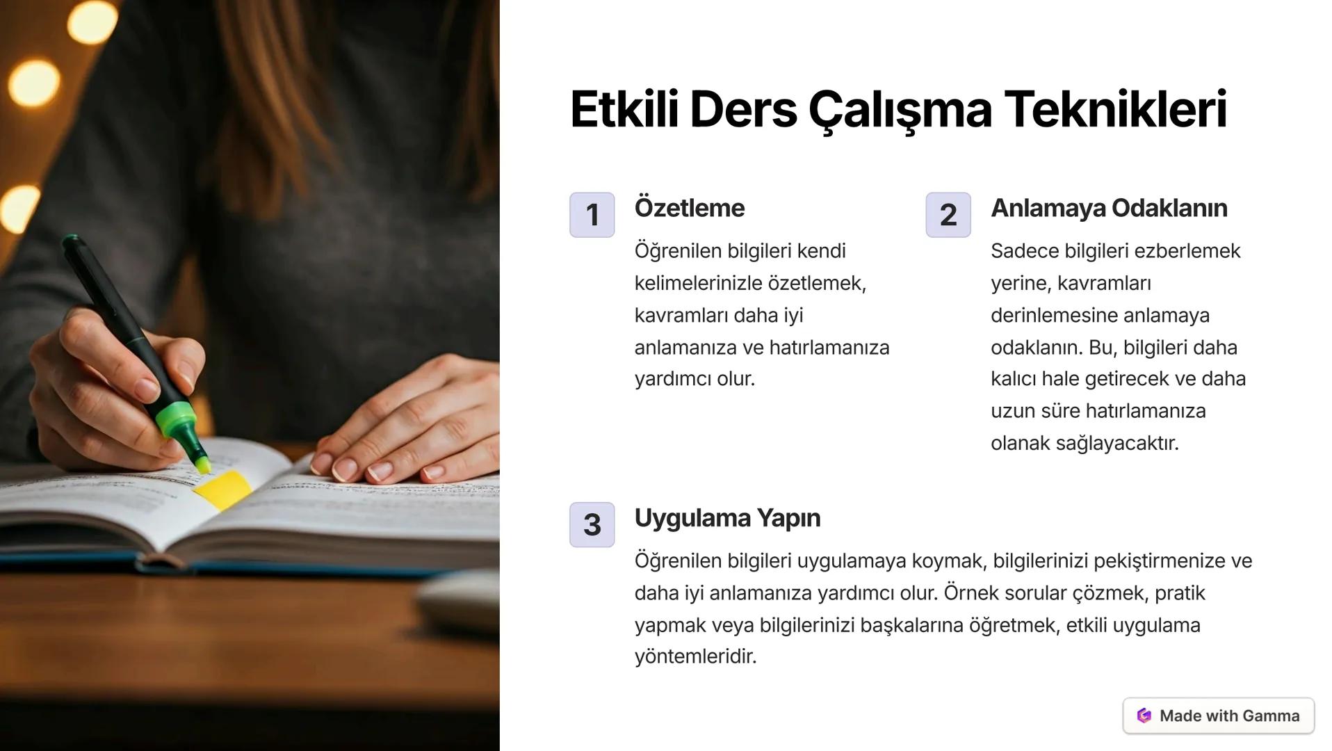 Etkili Ders Çalışma Stratejileri
Merhaba! Bu sunumda, ders çalışmayı daha verimli ve etkili hale getirmek
için kullanabileceğiniz stratejile