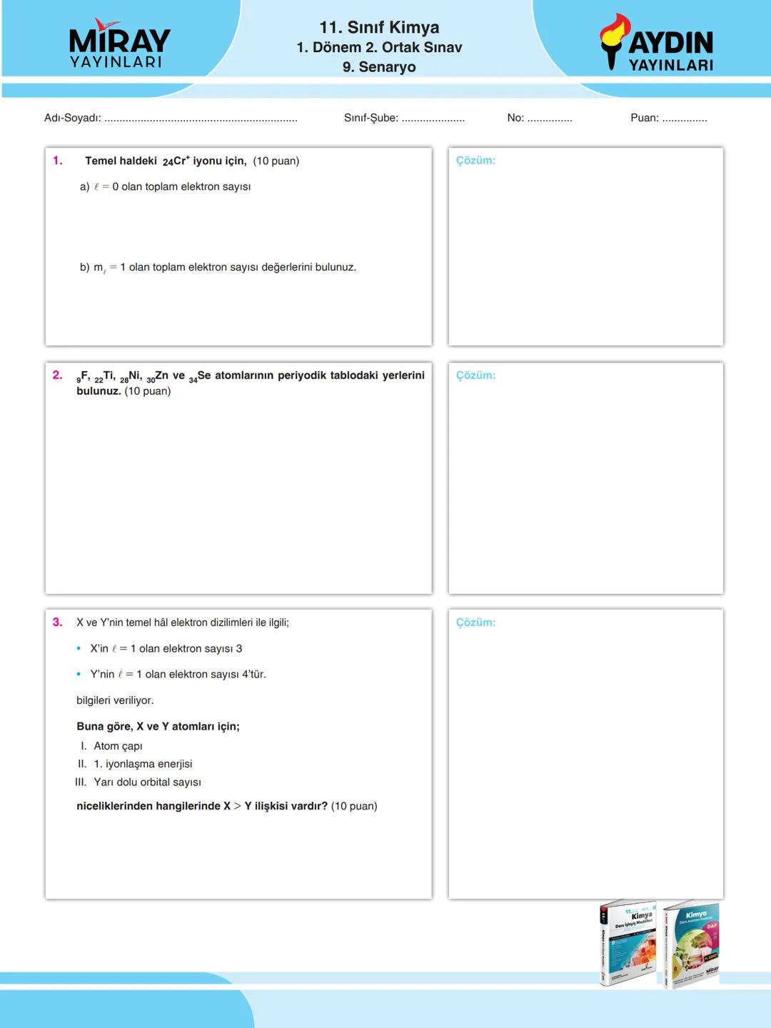 Kimya 11. Sınıf sınav soruları benzeri