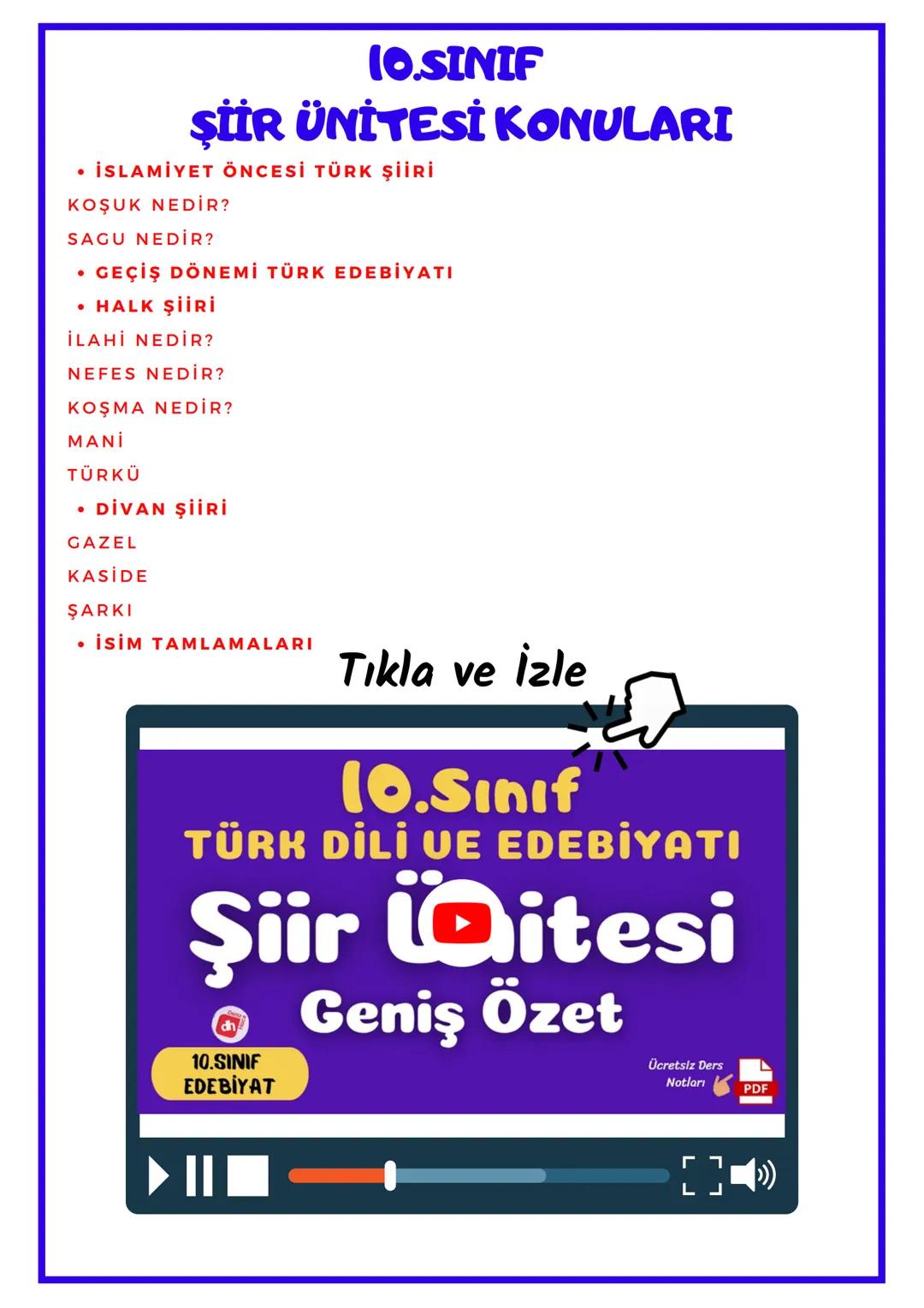 # 10.SINIF
## ŞİİR ÜNİTESİ KONULARI
* İSLAMİYET ÖNCESİ TÜRK ŞİİRİ
KOŞUK NEDİR?
SAGU NEDİR?
* GEÇİŞ DÖNEMİ TÜRK EDEBİYATI
* HALK ŞİİRİ
İLAHİ