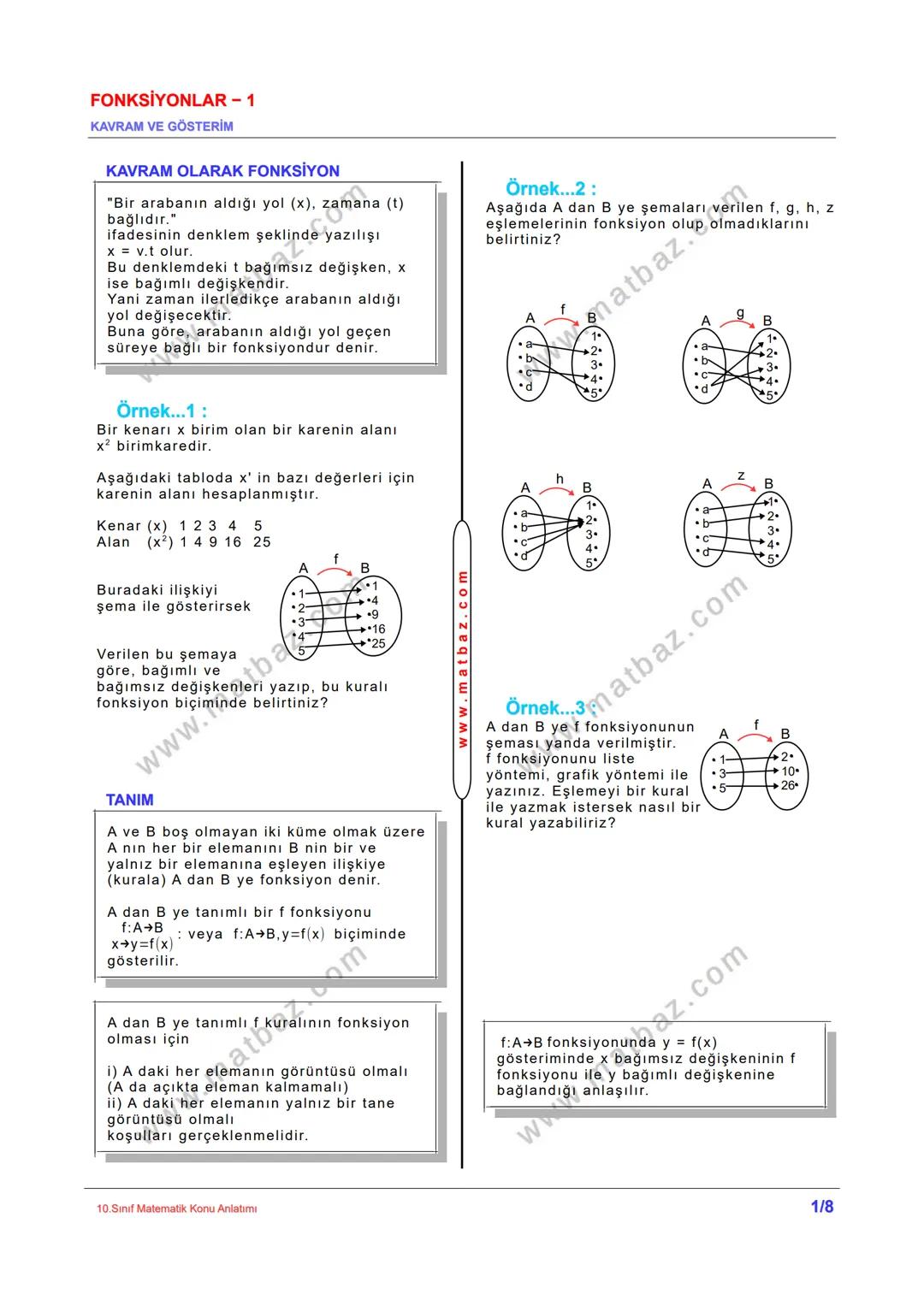 FONKSİYONLAR - 1
KAVRAM VE GÖSTERİM
KAVRAM OLARAK FONKSİYON
"Bir arabanın aldığı yol (x), zamana (t)
bağlıdır."
ifadesinin denklem şeklinde
