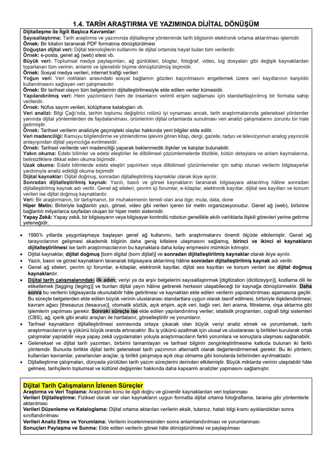 # 1.4. TARİH ARAŞTIRMA VE YAZIMINDA DİJİTAL DÖNÜŞÜM
Dijitalleşme ile İlgili Başlıca Kavramlar:
Sayısallaştırma: Tarih araştırma ve yazımın