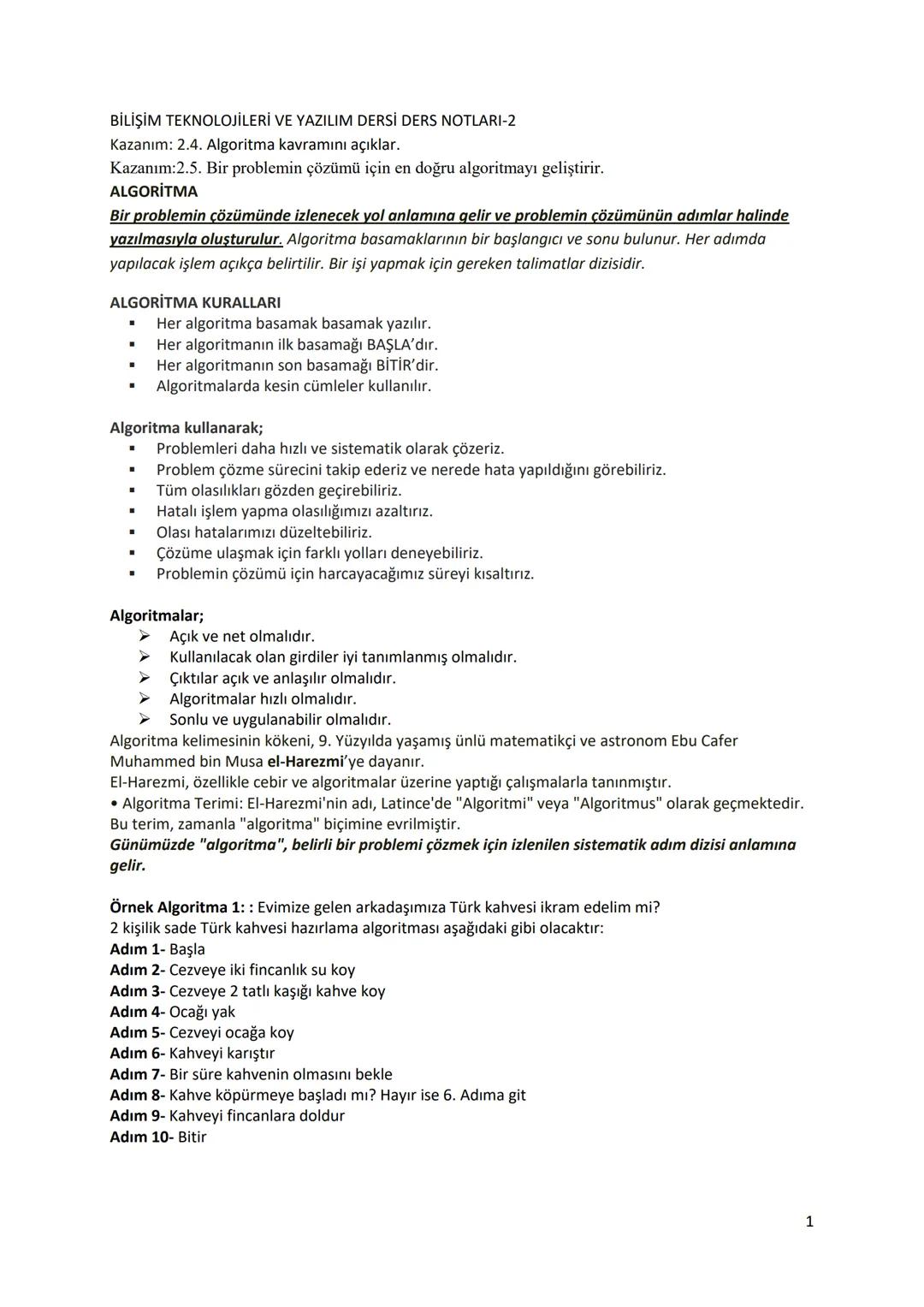 9. Sınıf Bilişim Ders Notları: Algoritma ve Akış Şemaları