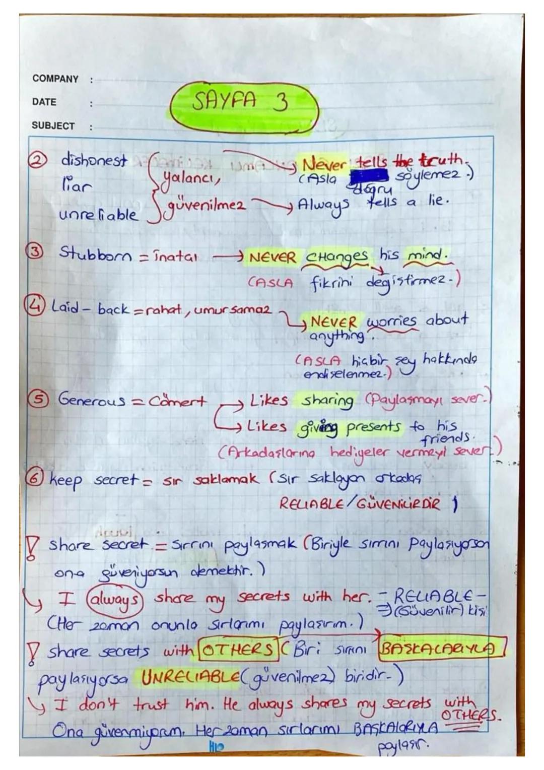 COMPANY :
DATE :
SUBJECT : - LGS REVISION -
$
\Rightarrow$ UNIT-1 Friendship $\Leftarrow$
Accepting (Kabul etme) *(Refusing (Reddetme
- I
