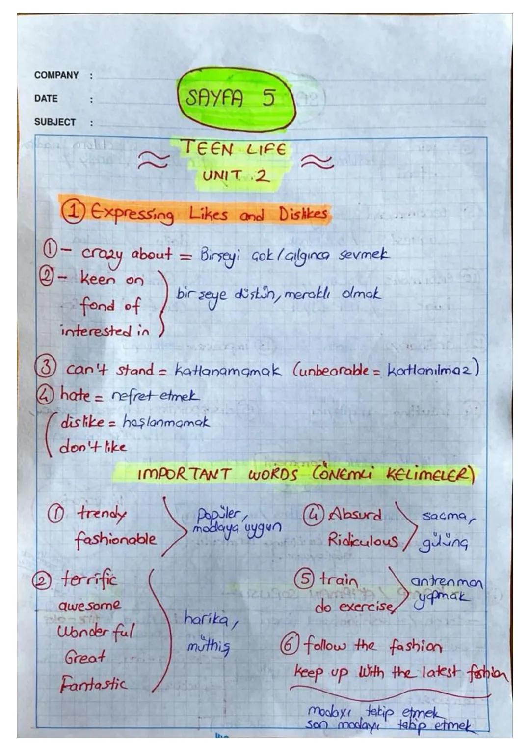 COMPANY :
DATE :
SUBJECT : - LGS REVISION -
$
\Rightarrow$ UNIT-1 Friendship $\Leftarrow$
Accepting (Kabul etme) *(Refusing (Reddetme
- I