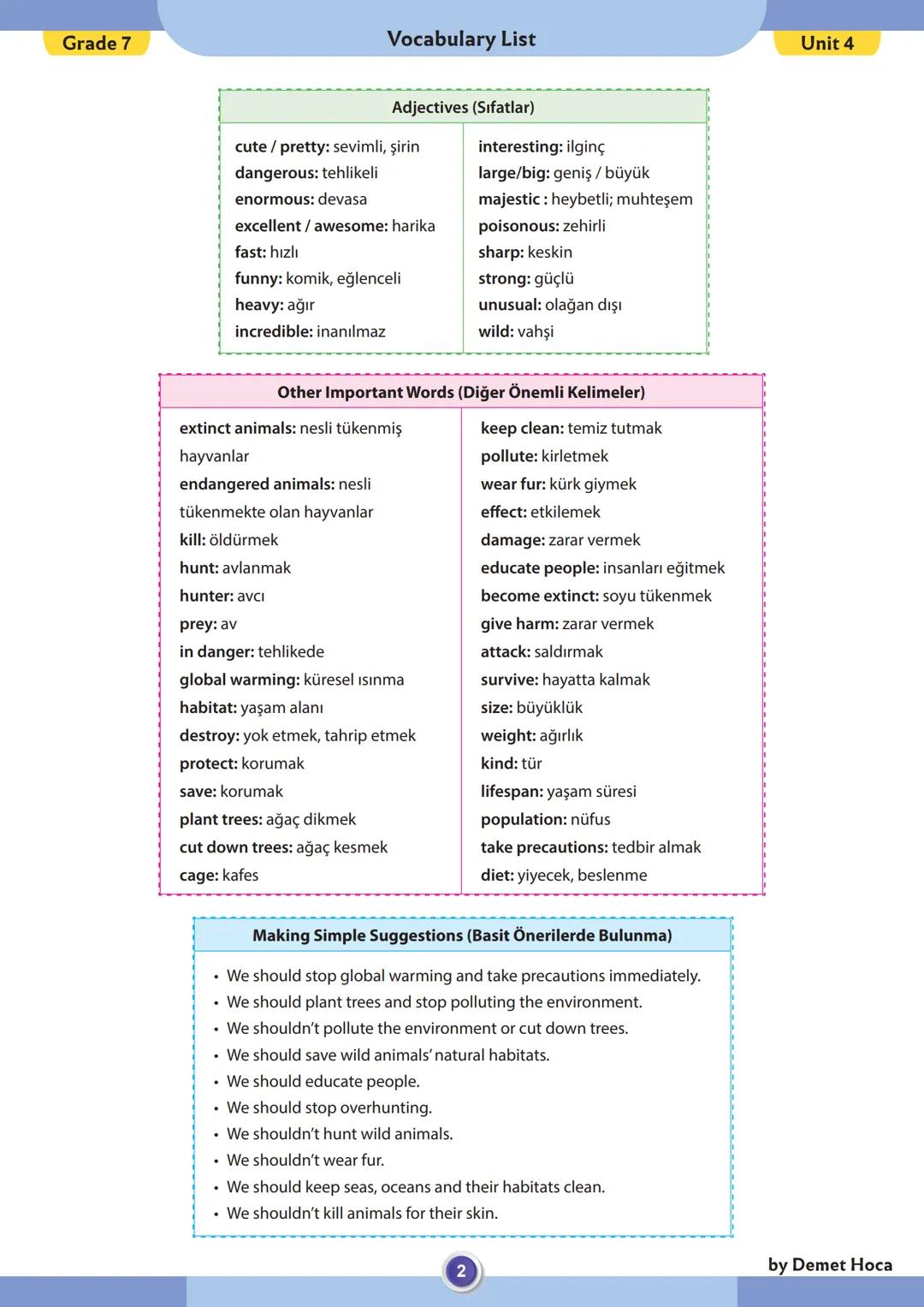 Grade 7
Vocabulary List
Unit 4
Wild Animals (Vahşi hayvanlar)
bear: ayı
lizard: kertenkele
bison: bizon
monkey: maymun
camel: deve
octop