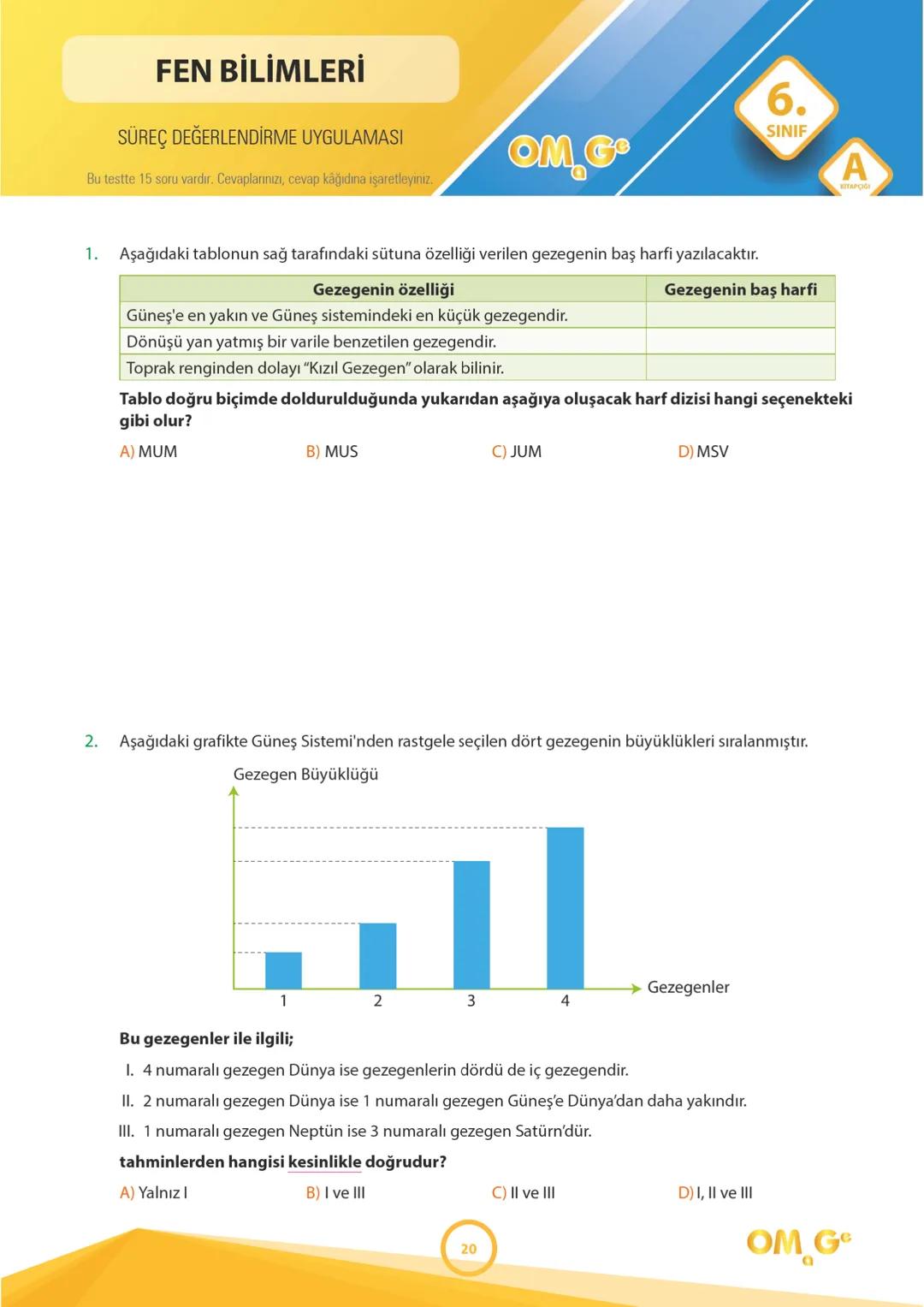 241003
6.
SINIF
SÜREÇ DEĞERLENDİRME
UYGULAMASI
Adı Soyadı:
Okulu:
Sınıfı / Şubesi:
Numarası:
SÖZEL BÖLÜM
A
KİTAPÇIĞI
Dersler Soru Sayı