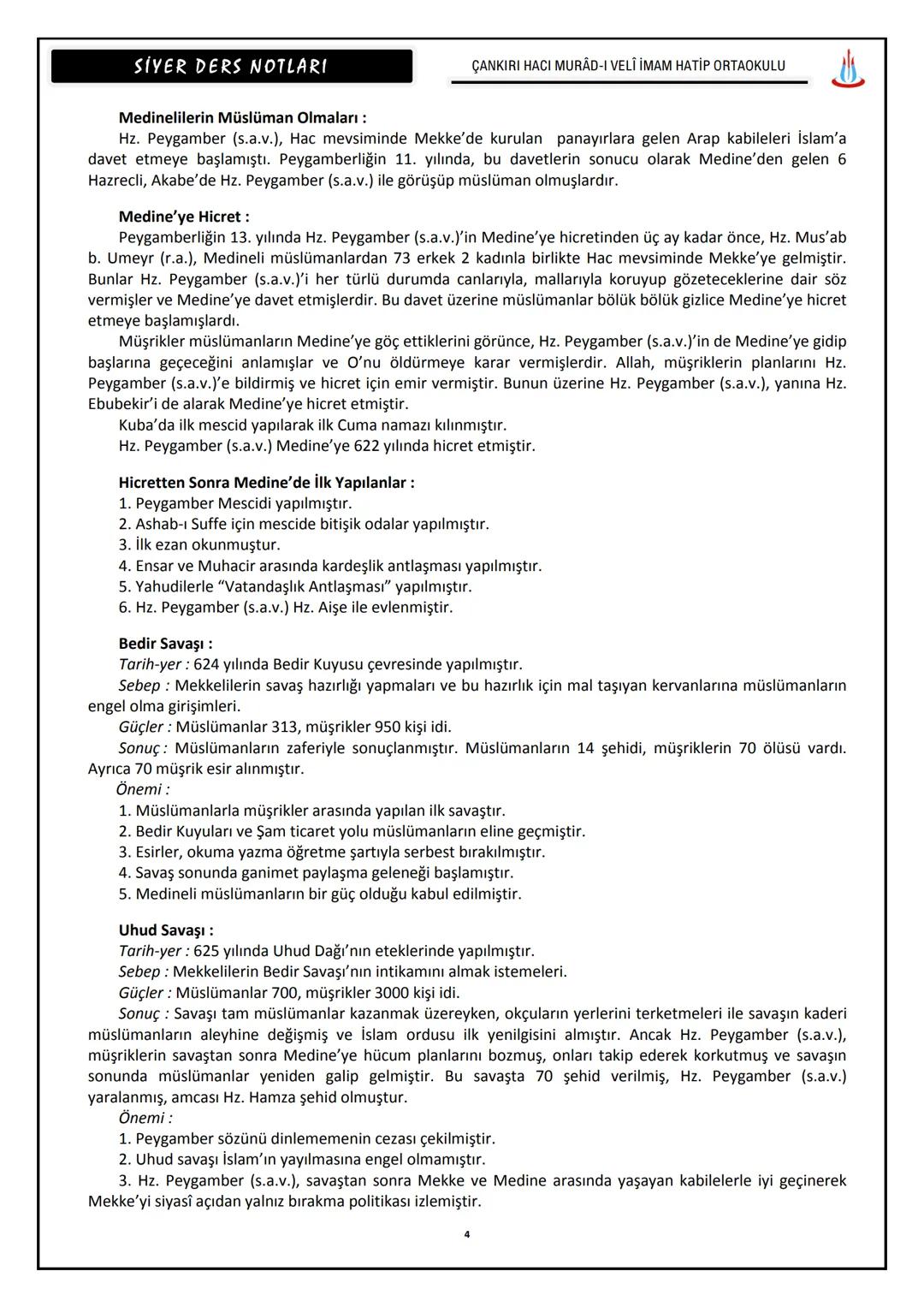 # SIYER DERS NOTLARI
ÇANKIRI HACI MURÂD-I VELİ İMAM HATİP ORTAOKULU
HZ. MUHAMMED (S.A.V.)'İN HAYATI
(571-632)
Meşhur isimleri
: Muhammed,