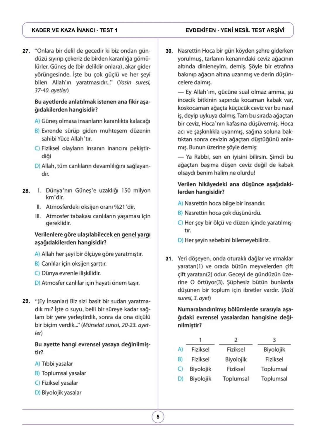 8. SINIF DİN KÜLTÜRÜ
KADER VE KAZA İNANCI - TEST 1
8. Sınıf LGS Din Kültürü ve Ahlak Bilgisi Kader ve Kaza İnancı Konu Testi / www.evdekifen