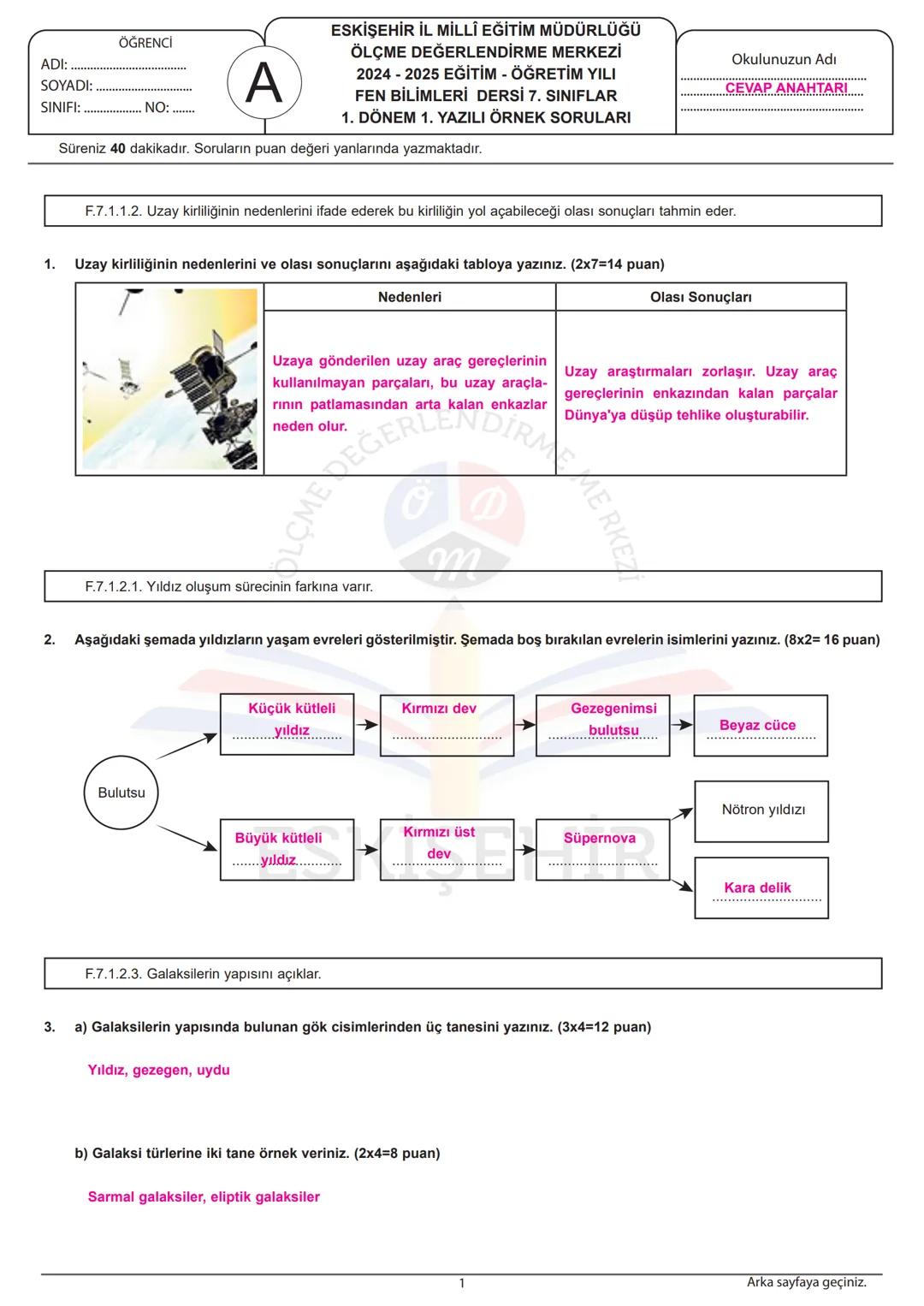 ADI:
SOYADI:
SINIFI: ......... NO:
ÖĞRENCİ
A
ESKİŞEHİR İL MİLLÎ EĞİTİM MÜDÜRLÜĞÜ
ÖLÇME DEĞERLENDİRME MERKEZİ
2024-2025 EĞİTİM-ÖĞRETİM YIL