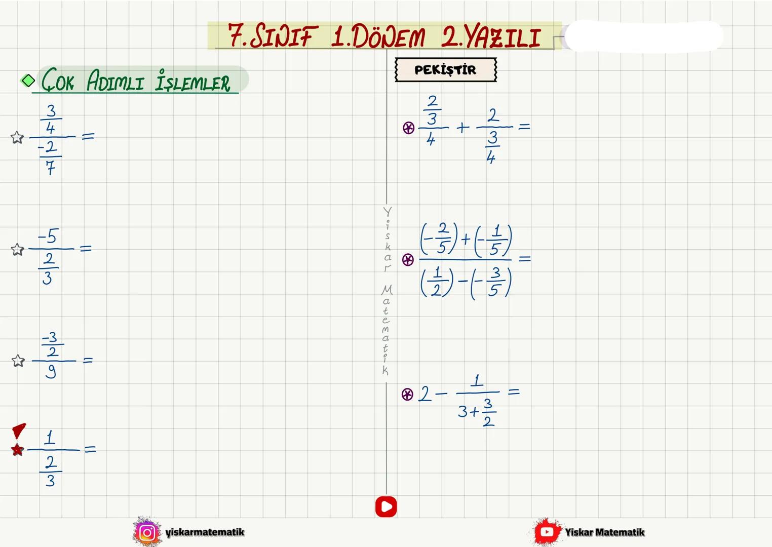◇TOPLAMA İŞLEMİ
NOT
7. SINIF 1. DÖNEM 2. YAZILI
① Aynı işaretli ise : Artı (Topla)
Ortak işaret
◇(+4) + (+7)=
◇(-4)+(-7) =
◇(+13)+(+5