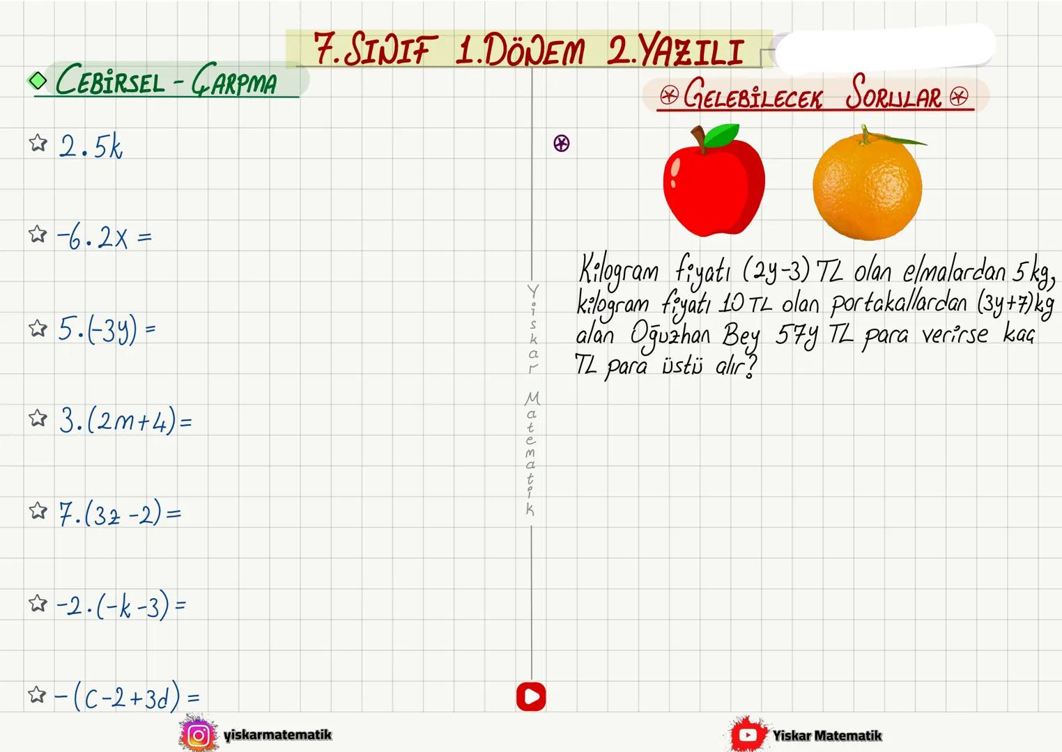 ◇TOPLAMA İŞLEMİ
NOT
7. SINIF 1. DÖNEM 2. YAZILI
① Aynı işaretli ise : Artı (Topla)
Ortak işaret
◇(+4) + (+7)=
◇(-4)+(-7) =
◇(+13)+(+5