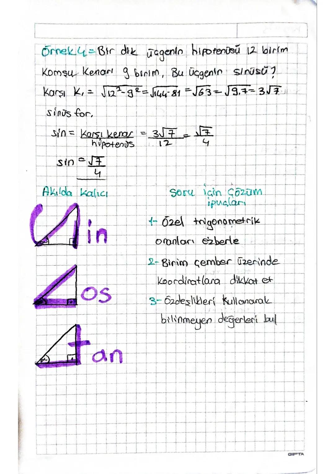 Temel Trigonometrik Oran
Dik üçgende 1 acının karşısındaki kenar, komşusundaki
kenar ve hipotenūs kullanılarak 3 temel trigonometrik
Oran t
