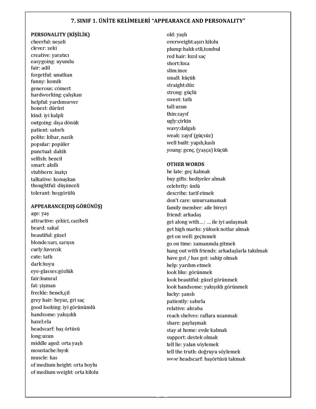 7. Sınıf İngiliz 1.Ünite Kelimeleri