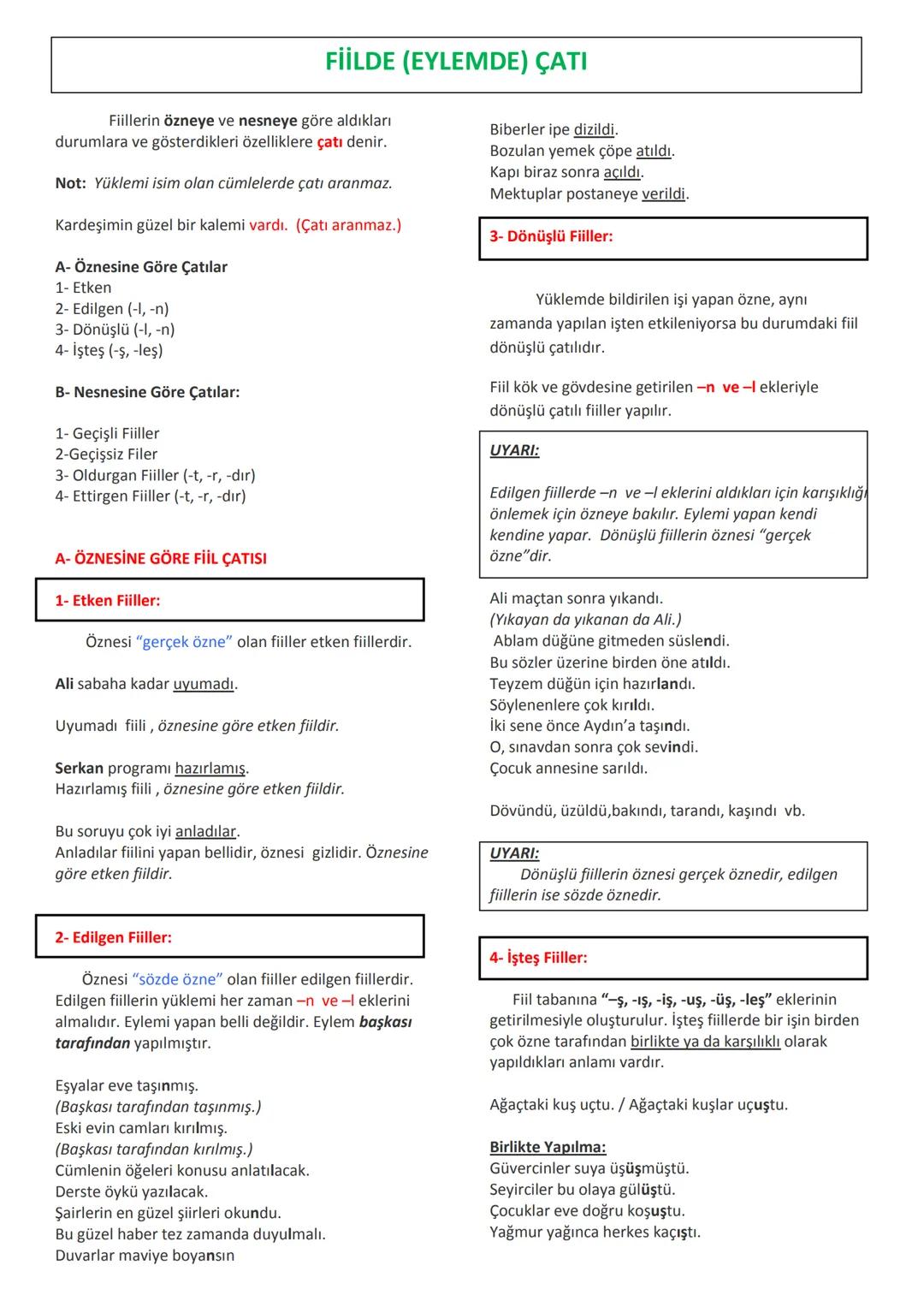 FİİLDE (EYLEMDE) ÇATI
Fiillerin özneye ve nesneye göre aldıkları
durumlara ve gösterdikleri özelliklere çatı denir.
Not: Yüklemi isim olan c