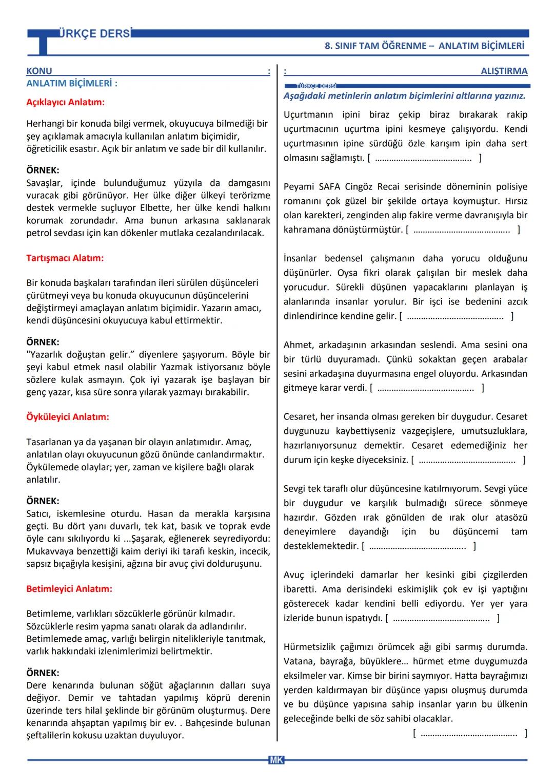 ÜRKÇE DERSİ
T
8. SINIF TAM ÖĞRENME - ANLATIM BİÇİMLERİ
KONU
ANLATIM BİÇİMLERİ :
Açıklayıcı Anlatım:
Herhangi bir konuda bilgi vermek, okuyuc