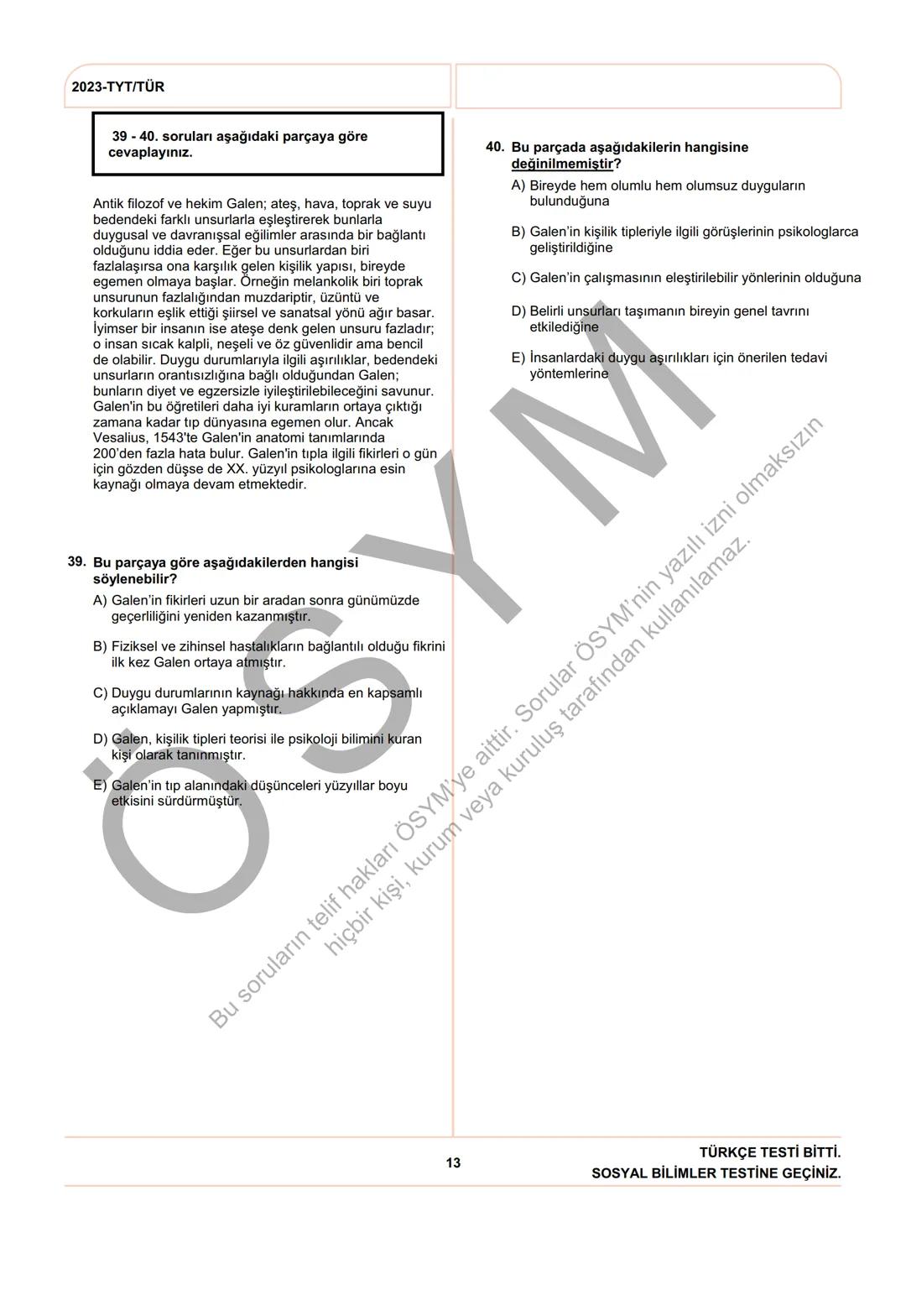 ÖSYM
T.C. Ölçme, Seçme ve Yerleştirme Merkezi
YÜKSEKÖĞRETİM KURUMLARI SINAVI
TEMEL YETERLİLİK TESTİ
(2023-TYT)
17 HAZİRAN 2023 CUMARTESİ
Bu