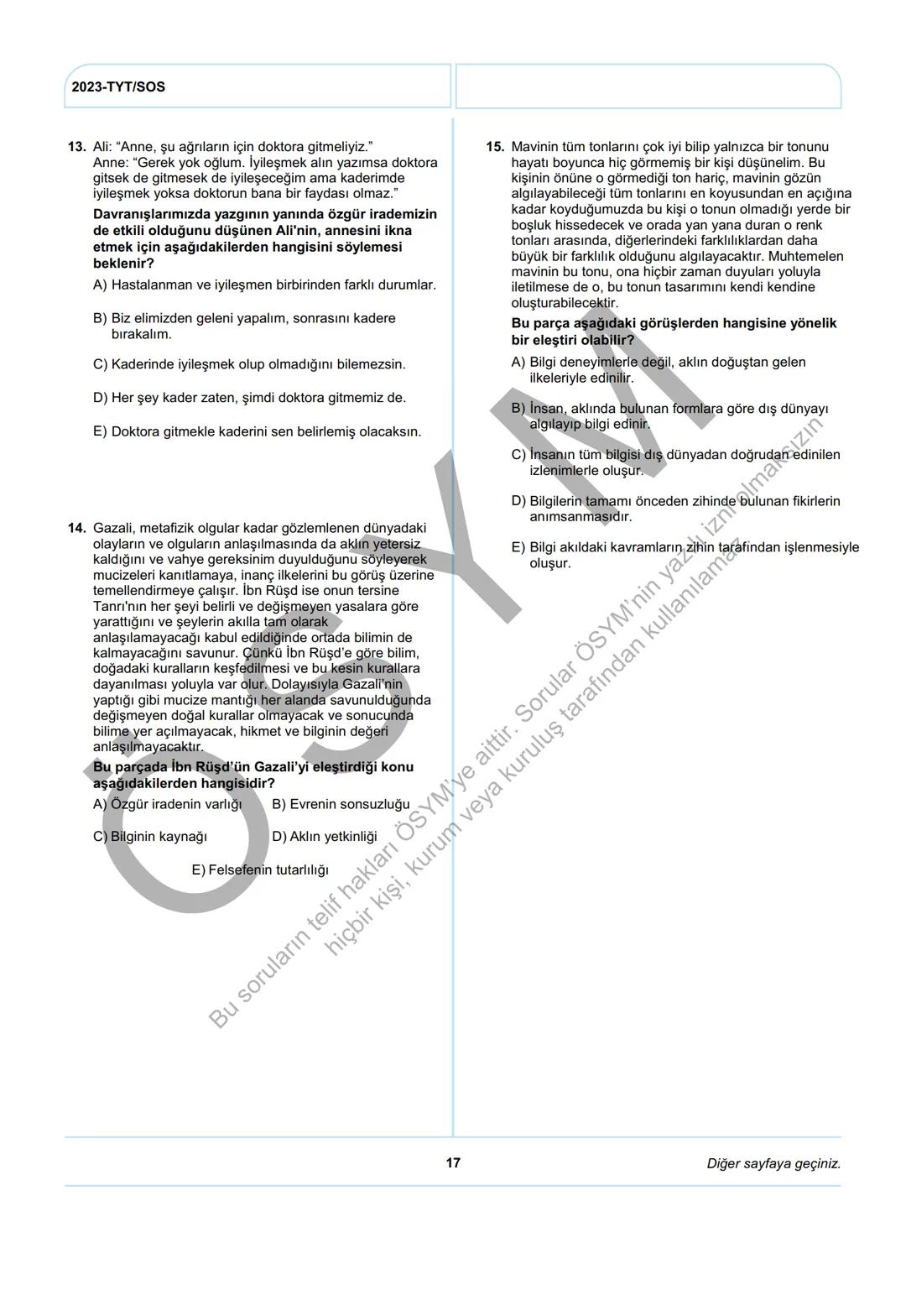 ÖSYM
T.C. Ölçme, Seçme ve Yerleştirme Merkezi
YÜKSEKÖĞRETİM KURUMLARI SINAVI
TEMEL YETERLİLİK TESTİ
(2023-TYT)
17 HAZİRAN 2023 CUMARTESİ
Bu