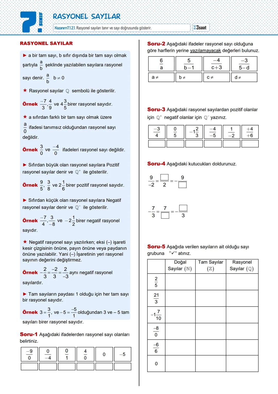 SINIF
RASYONEL SAYILAR
Kazanım7.1.21. Rasyonel sayıları tanır ve sayı doğrusunda gösterir.
RASYONEL SAYILAR
►a bir tam sayı, b sıfır dışında