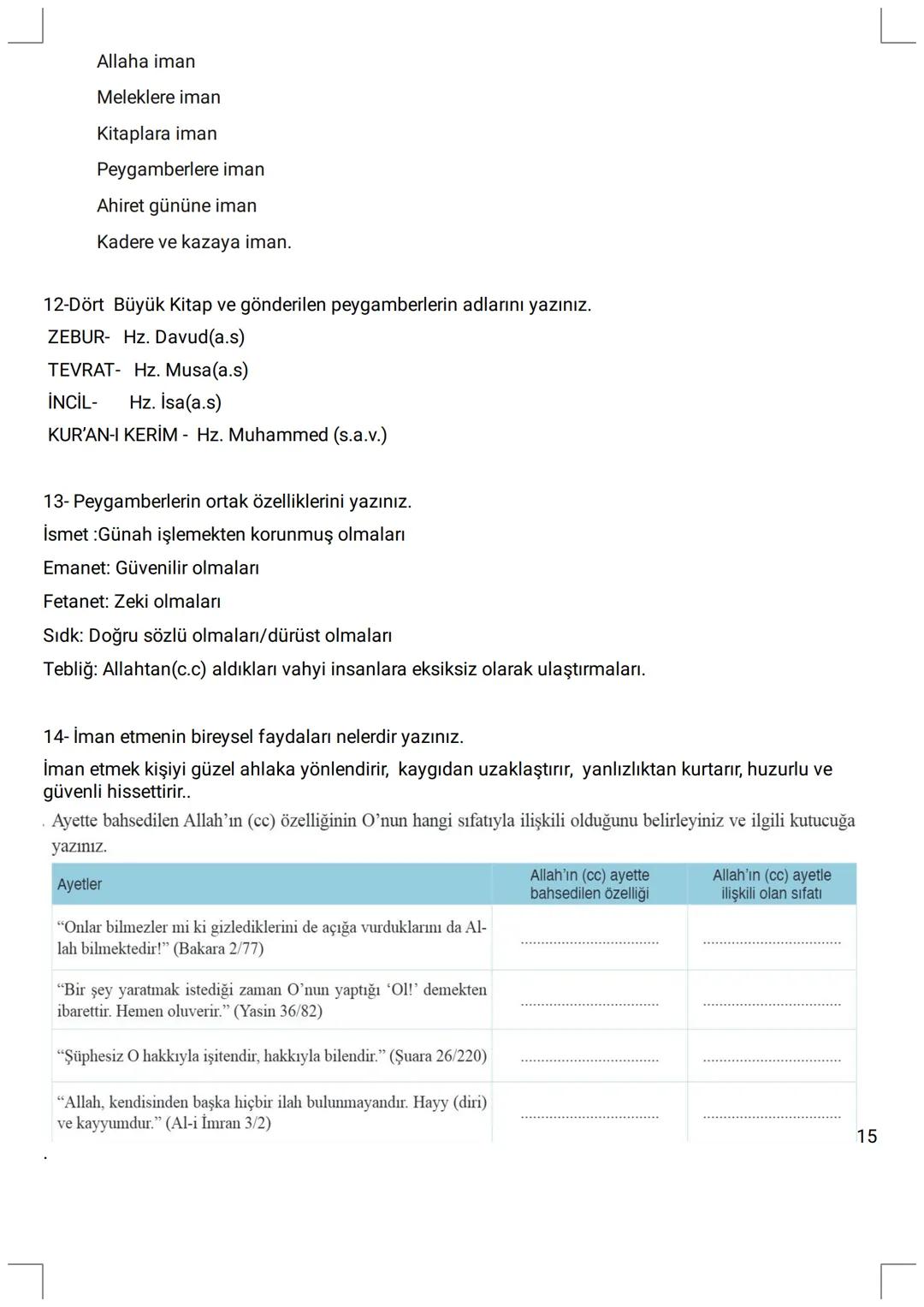 9. SINIF ÇALIŞMA KAĞIDI
1. "İman edip salih ameller işleyenlere gelince, onlara içinden ırmaklar akan cennetler vardır. İşte bu
büyük başarı