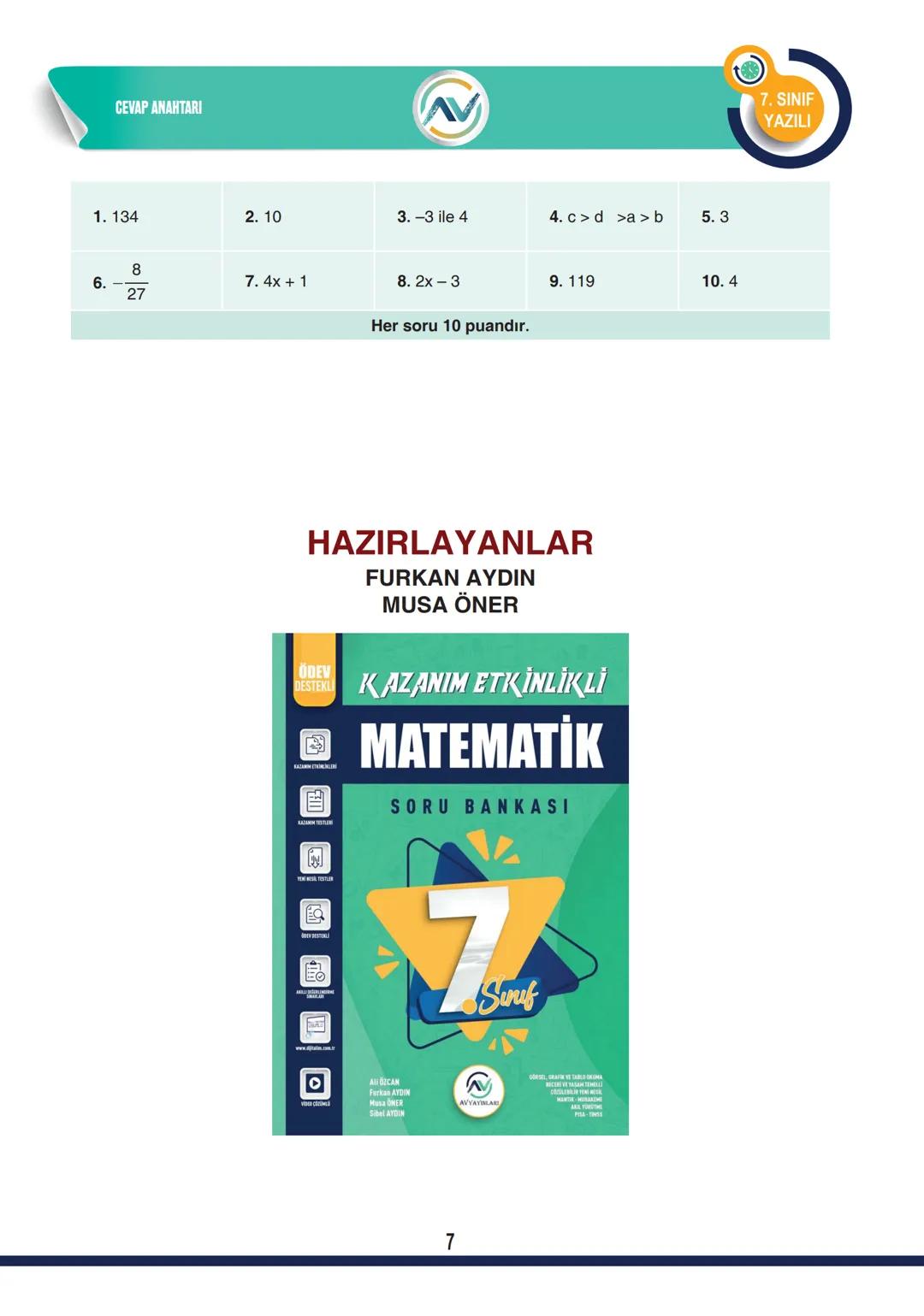 # MATEMATİK
7. SINIF
YAZILI
# TAM SAYILAR
## TOPLAMA İŞLEMİ
* Aynı işaretli tam sayılar; işareti yokmuş gibi topla-
ma yapılır, so