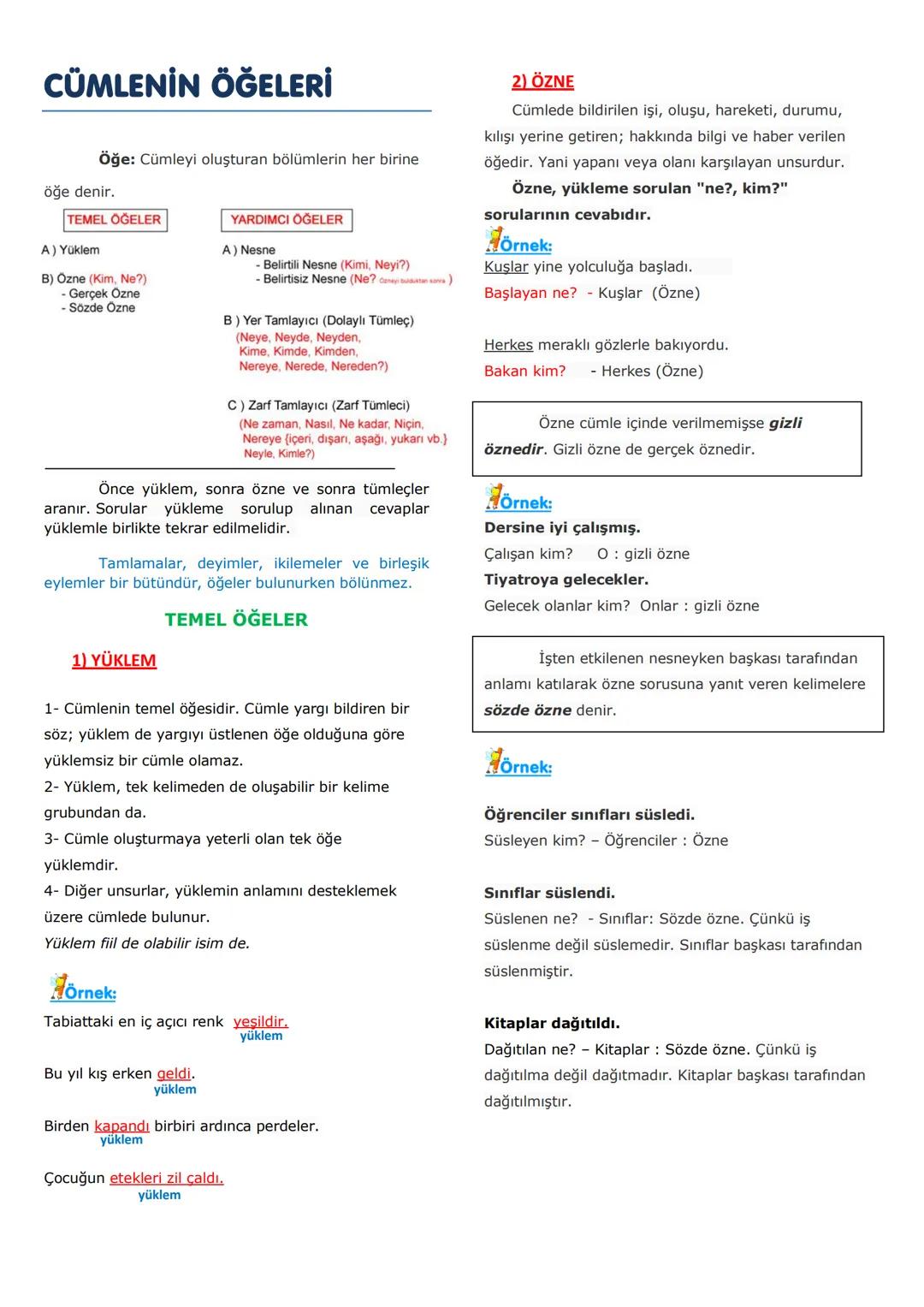# CÜMLENİN ÖĞELERİ
Öğe: Cümleyi oluşturan bölümlerin her birine
öğe denir.
TEMEL ÖĞELER
A) Yüklem
B) Ozne (Kim, Ne?)
- Gerçek Özne
-