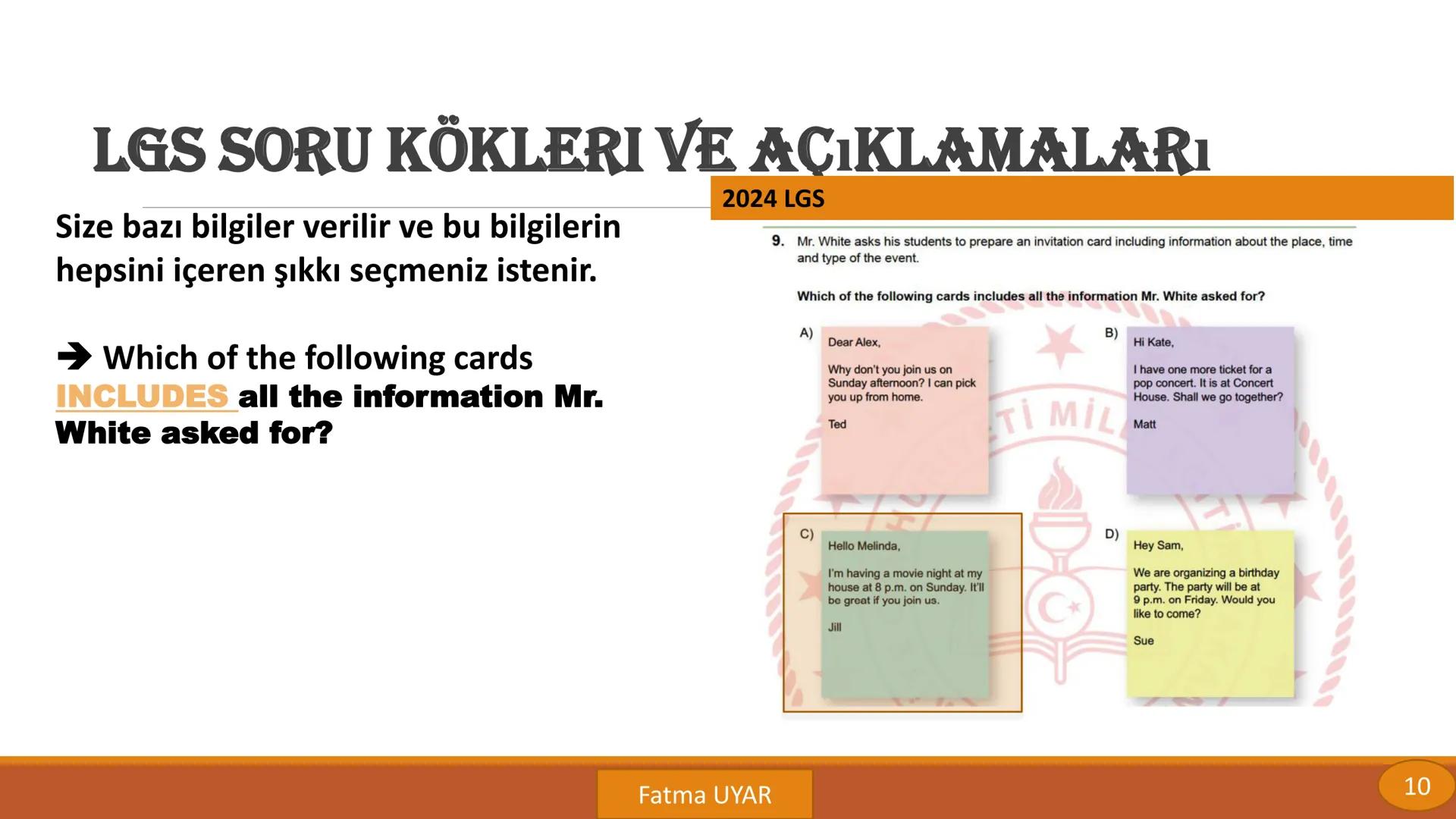 LGS SORU KÖKLERİ
VE
AÇIKLAMALARI
By FATMA UYAR LGS SORU KÖKLERI VE AÇIKLAMALARı
Bir diyalog verilir ya da
konuşmacılar ayrı ayrı gösterilir.
