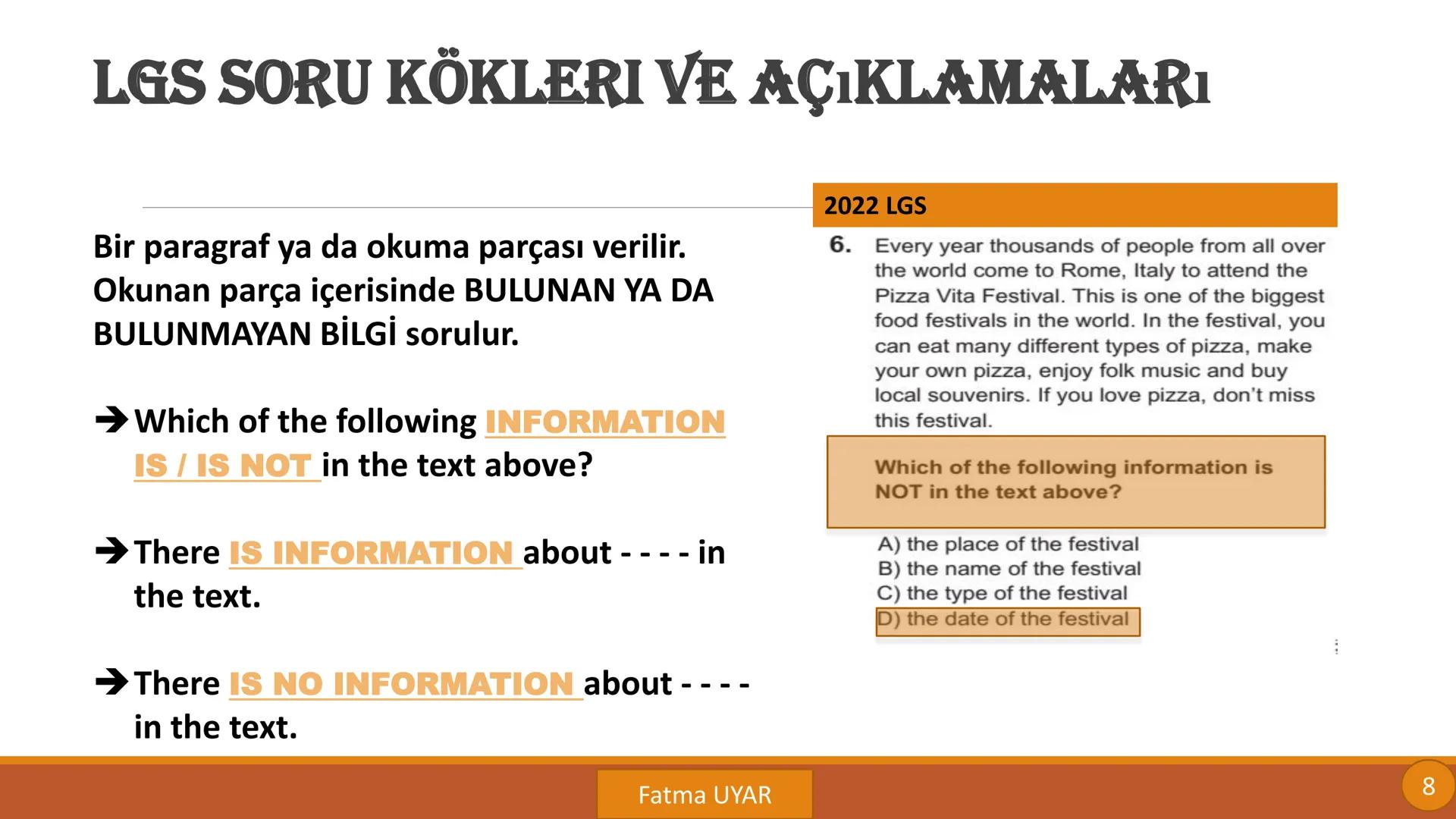 LGS SORU KÖKLERİ
VE
AÇIKLAMALARI
By FATMA UYAR LGS SORU KÖKLERI VE AÇIKLAMALARı
Bir diyalog verilir ya da
konuşmacılar ayrı ayrı gösterilir.
