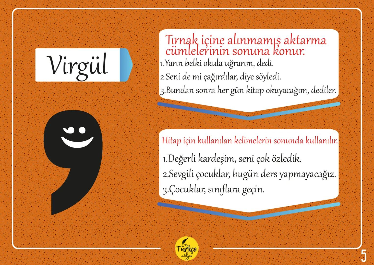 NOKTALAMA
İŞARETLERİ
Türkçe
aldyev Nokta
Virgül
Eğik Çizgi
Tırnak İşareti
Noktalı Virgül
Kısa Çizgi
Noktalama
İki Nokta
İşaretleri
Uzun Çizg