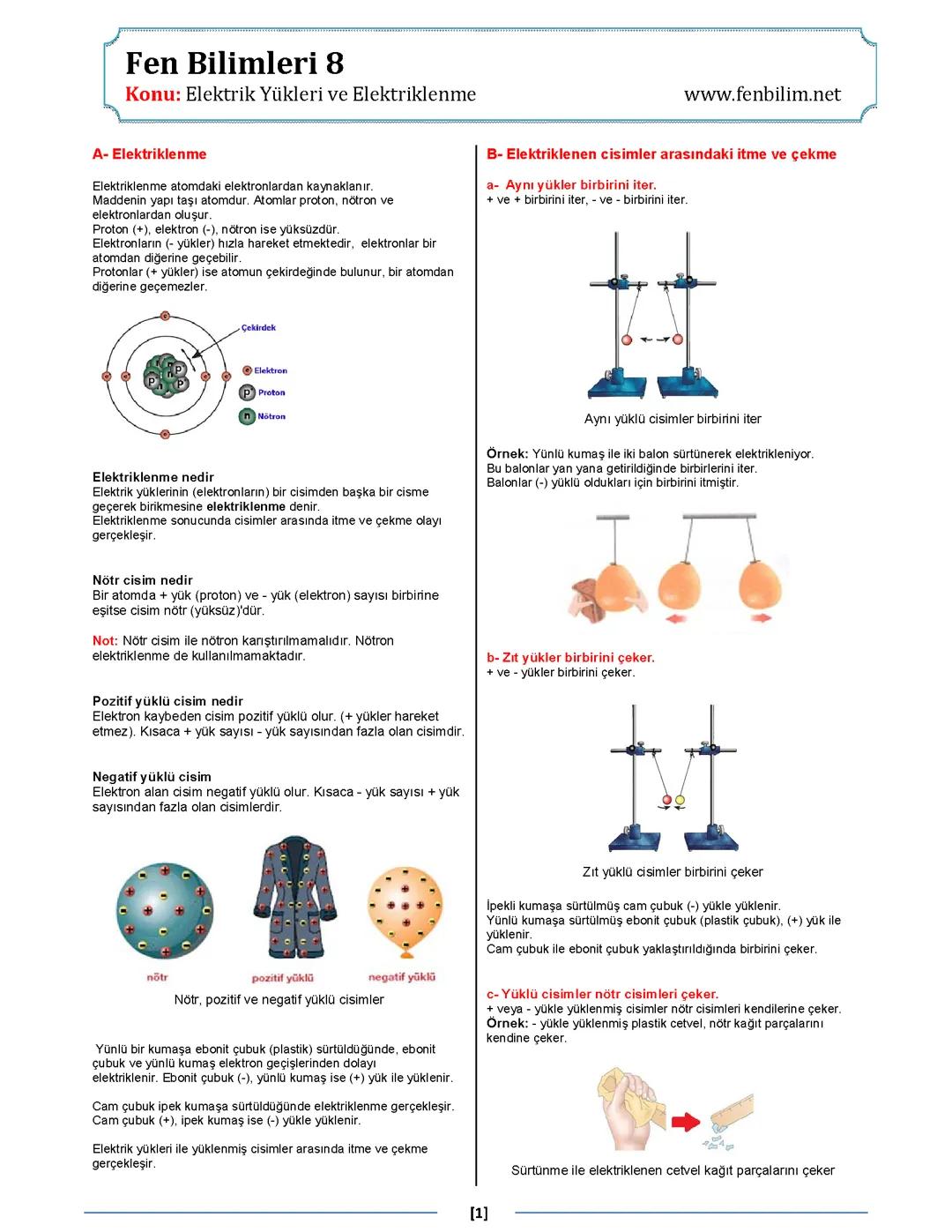 7.Ünite: Elektrik Yükleri ve Elektriklenme