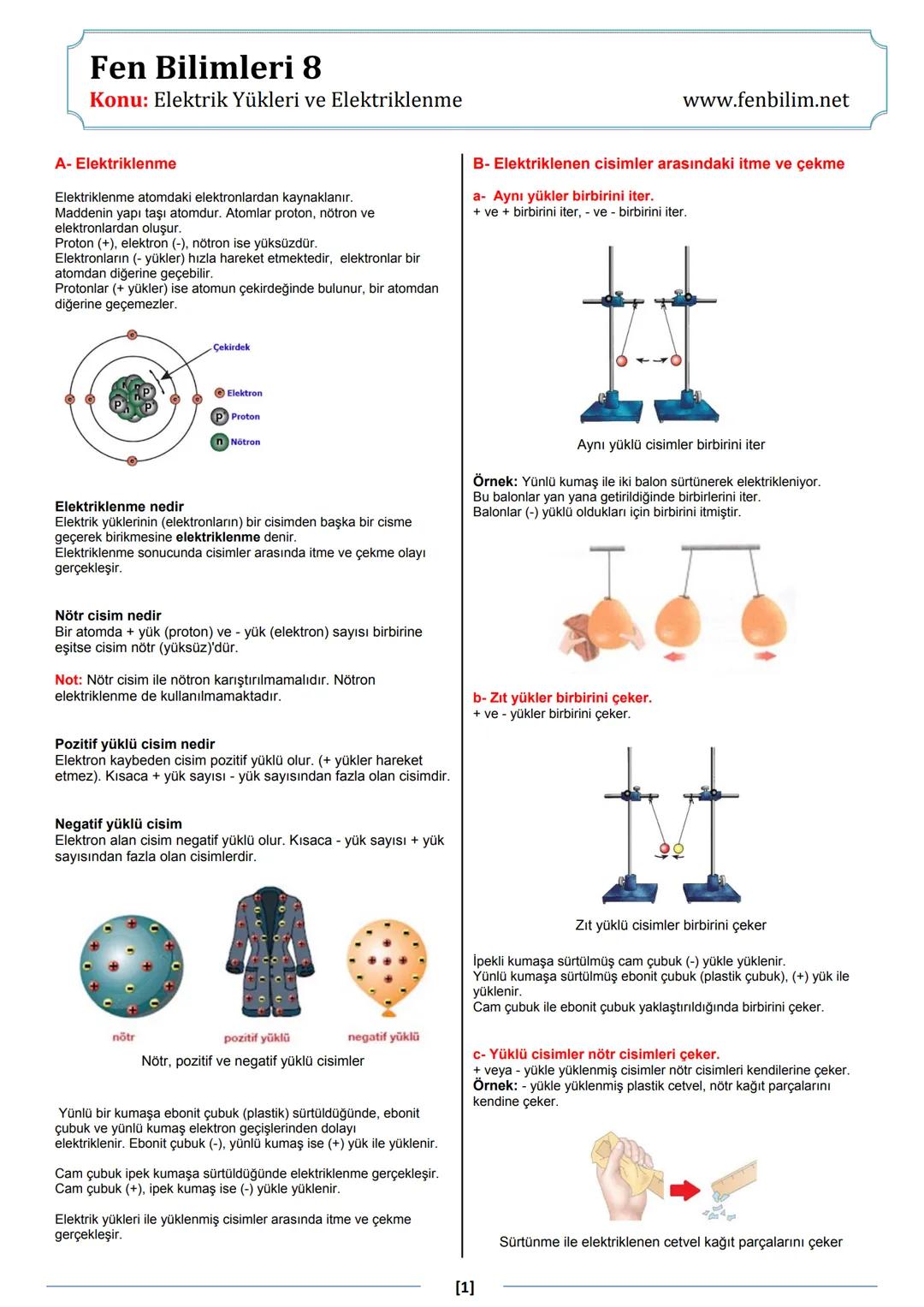 Fen Bilimleri 8
Konu: Elektrik Yükleri ve Elektriklenme
A- Elektriklenme
Elektriklenme atomdaki elektronlardan kaynaklanır.
Maddenin yapı ta
