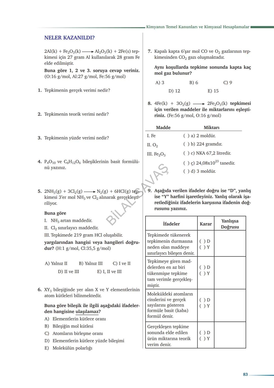 حل
MİLLİ İRADE
KIZ ANADOLU İMAM HATİP LİSESİ
FEN VE SOSYAL BİLİMLER PROJE OKULU
LİSE KİMYA DERS NOTLARI
6-KİMYANIN TEMEL KANUNLARI
VE KİMYAS