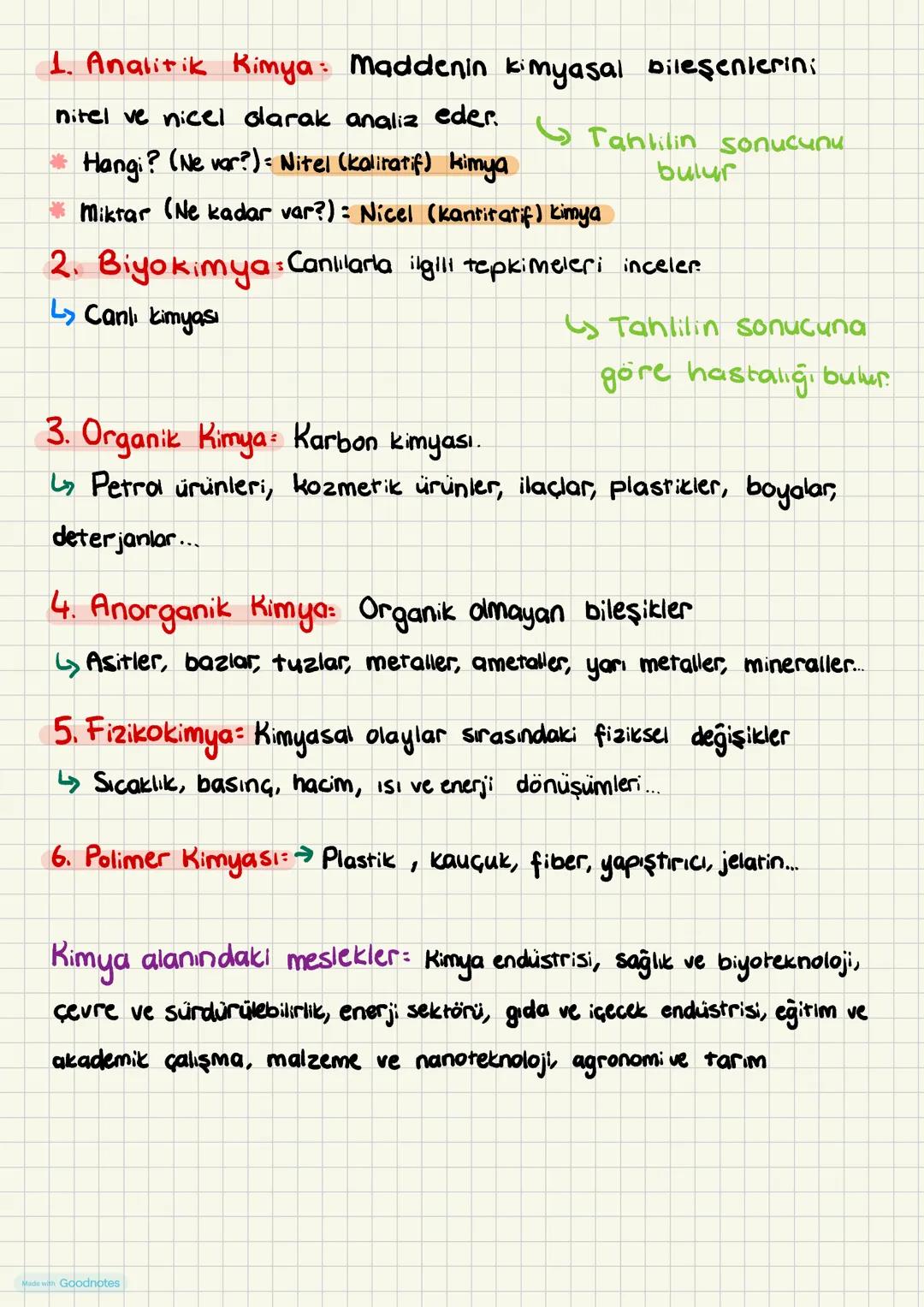 1. Analitik Kimya: Maddenin kimyasal bileşenlerini
nitel ve nicel olarak analiz eder.
Hangi? (Ne var?)= Nitel (kaliratif) kimya
Tahlilin son