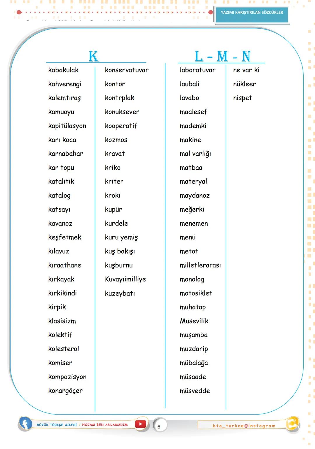 YAZIMI KARIŞTIRILAN
SÖZCÜKLER
DESTEKÇİ
MOZAİK YAYINLARI
ÜRKÇE
A
abıhayat
aklı sıra
altyapı
artakalan
abdest
aklıselim
alt yazı
art