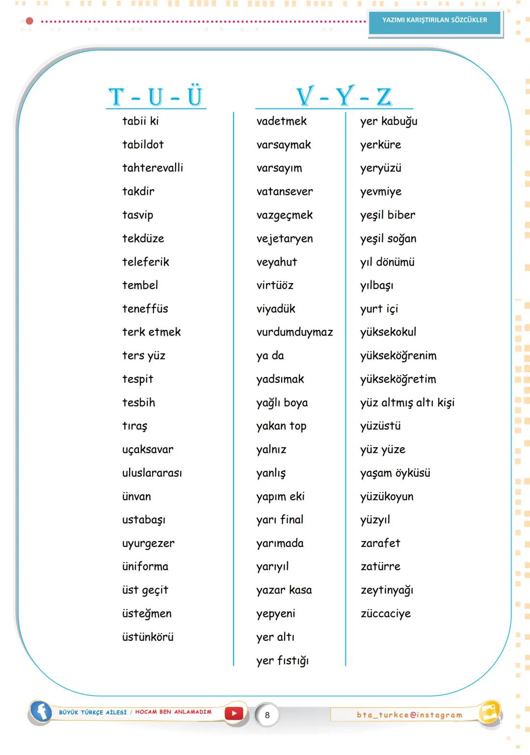 YAZIMI KARIŞTIRILAN
SÖZCÜKLER
DESTEKÇİ
MOZAİK YAYINLARI
ÜRKÇE
A
abıhayat
aklı sıra
altyapı
artakalan
abdest
aklıselim
alt yazı
art