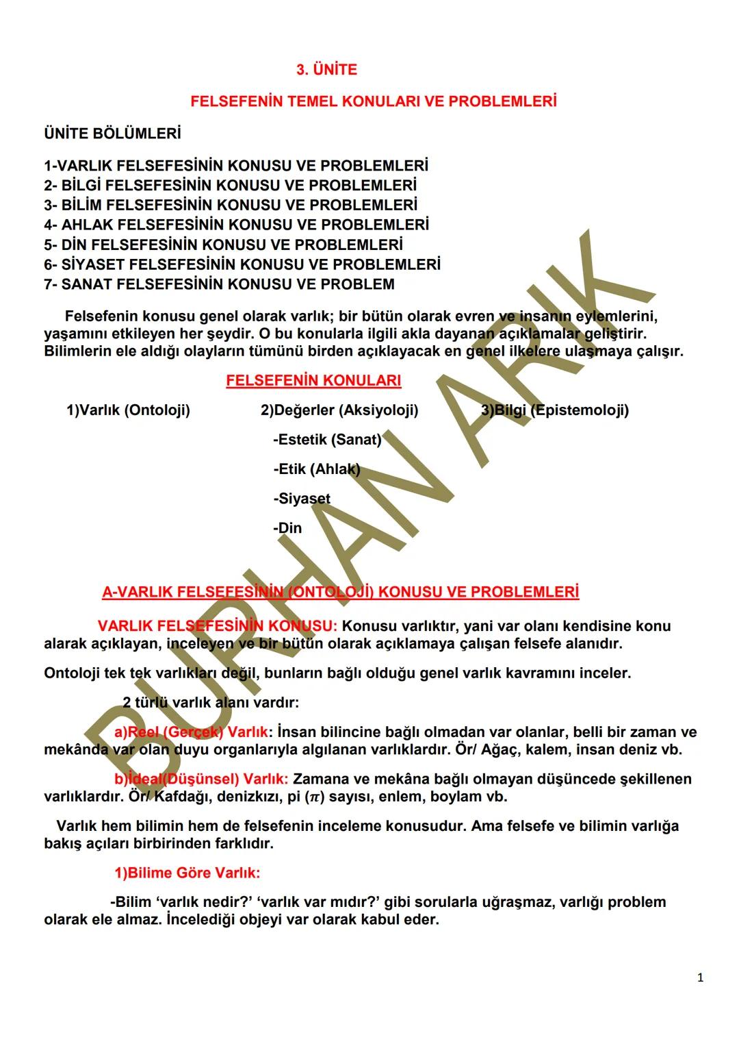 10.Sınıf Ontoloji/Varlık Felsefesi