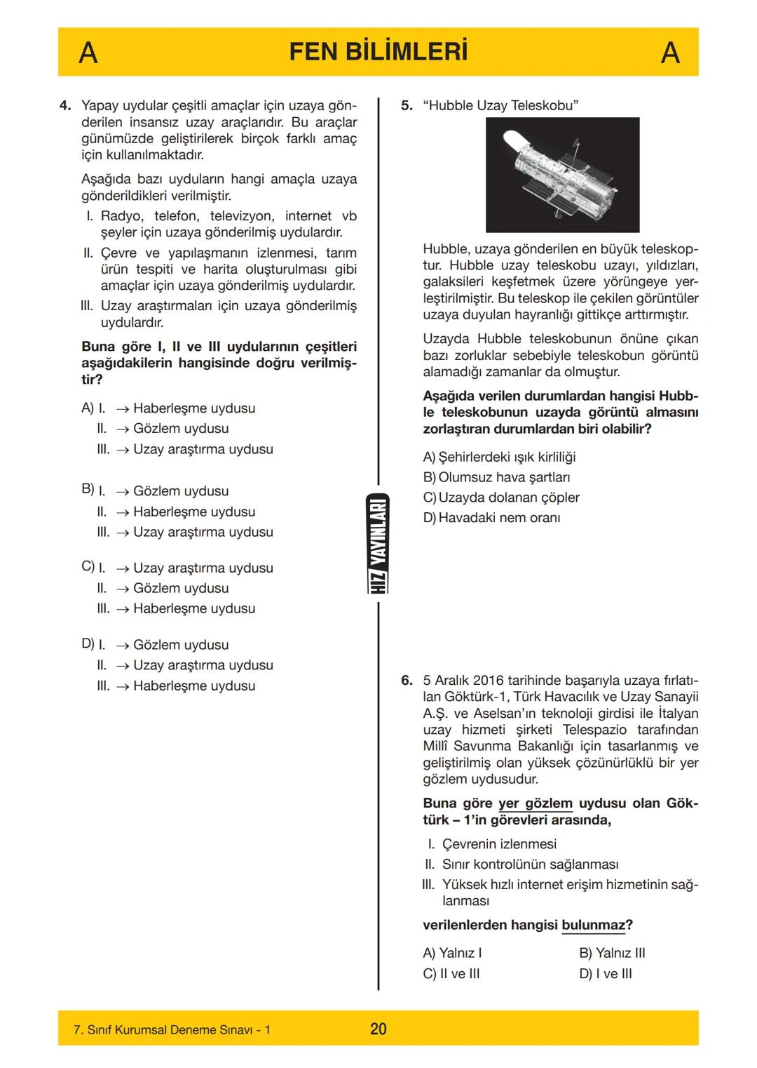# 7. SINIF
7. SINIF
DENEME SINAVI – 1
A
KİTAPÇIĞI
Adı
Soyadı
Öğrenci Numarası :.....
SINAV KİTAPÇIĞIMIZ "SÖZEL VE SAYISAL" OLMAK ÜZE