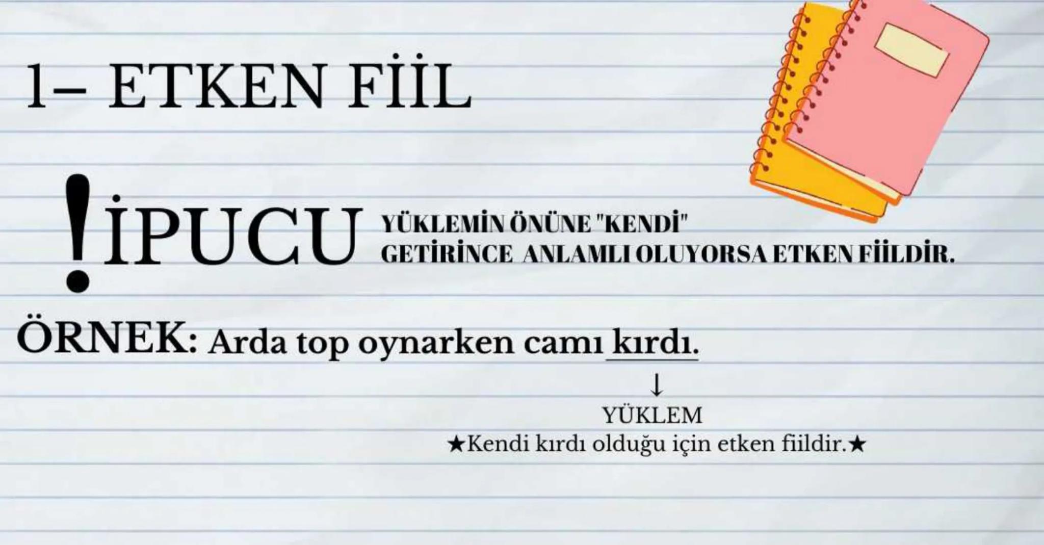 FİİLDE
ÇATI Öznesine
Göre
Fiil Çatısı
Nesnesine
Göre
Etken
Edilgen
Geçişli
Geçişsiz ÖZNESİNE
GÖRE
ÇATILAR 1– ETKEN FİİL
İPUCU
YÜKLEMİN ÖNÜNE