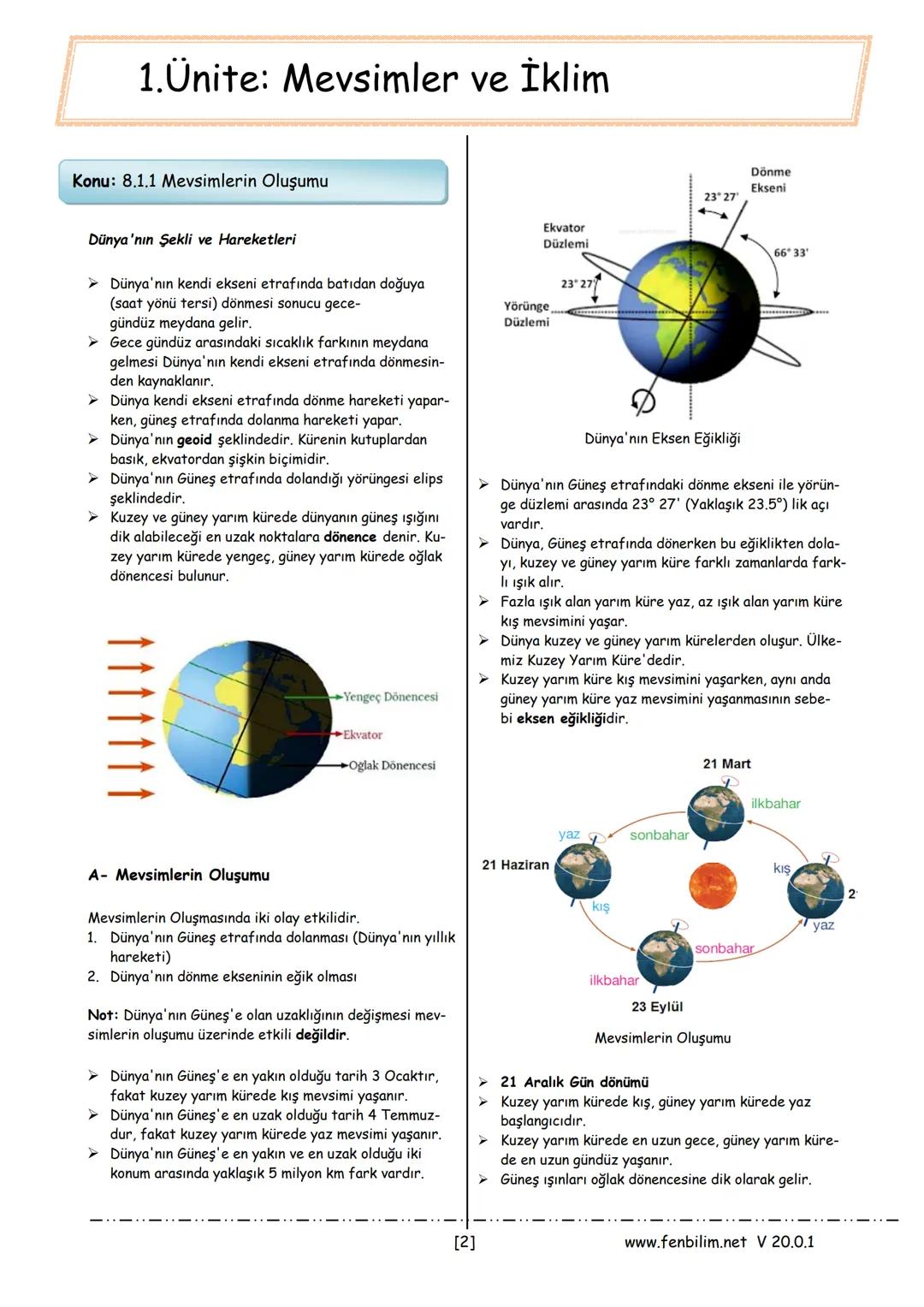 # 8.Sınıf Fen Bilimleri
## Ders Notları
Barış ZEREN
Fen Bilimleri Öğretmeni
www.fenbilim.net V 20.0.1 # 1.Ünite: Mevsimler ve İklim
Konu